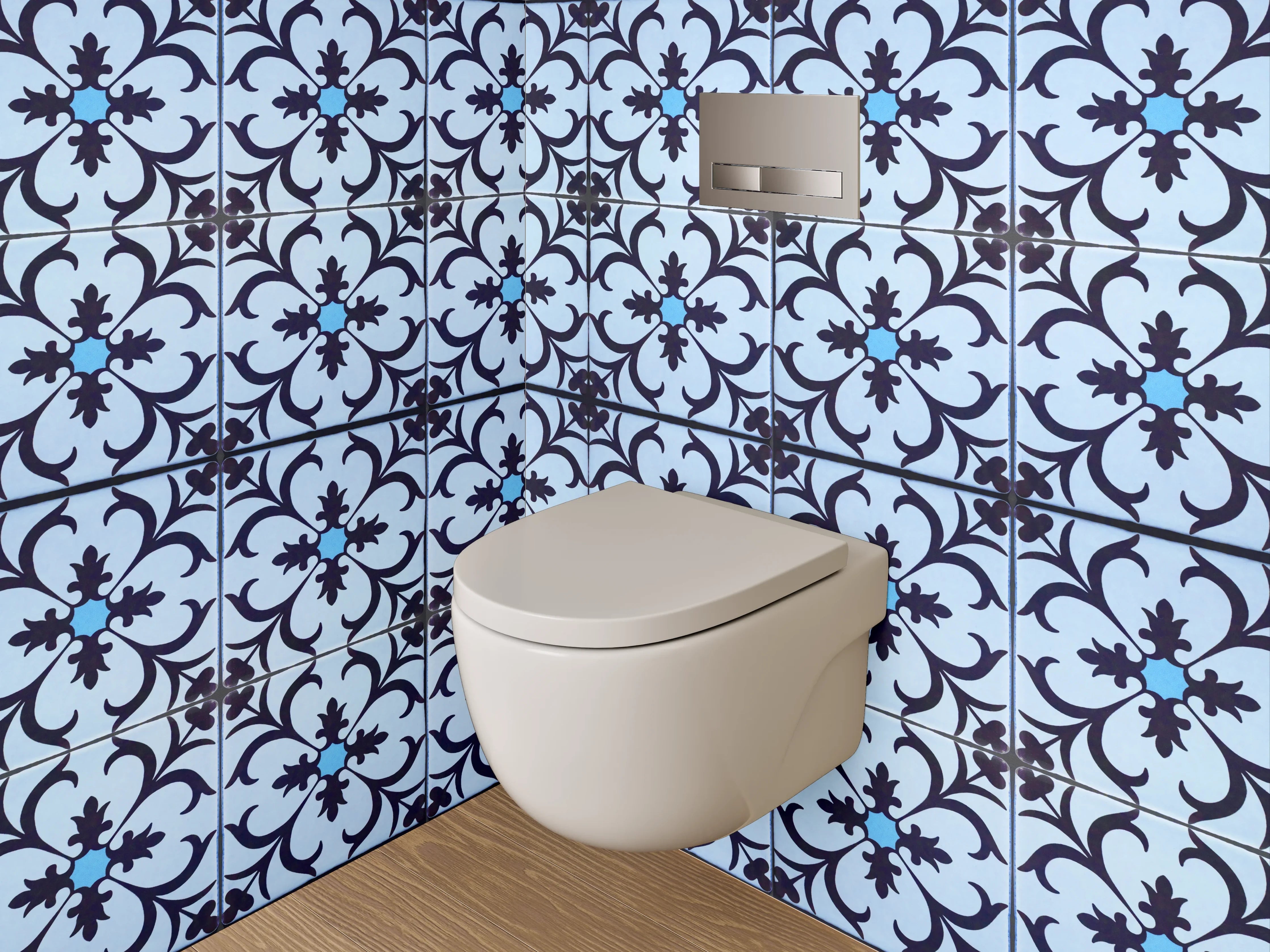 WC-Rückwand - Blau-graues Jugendstil-Ornament Muster