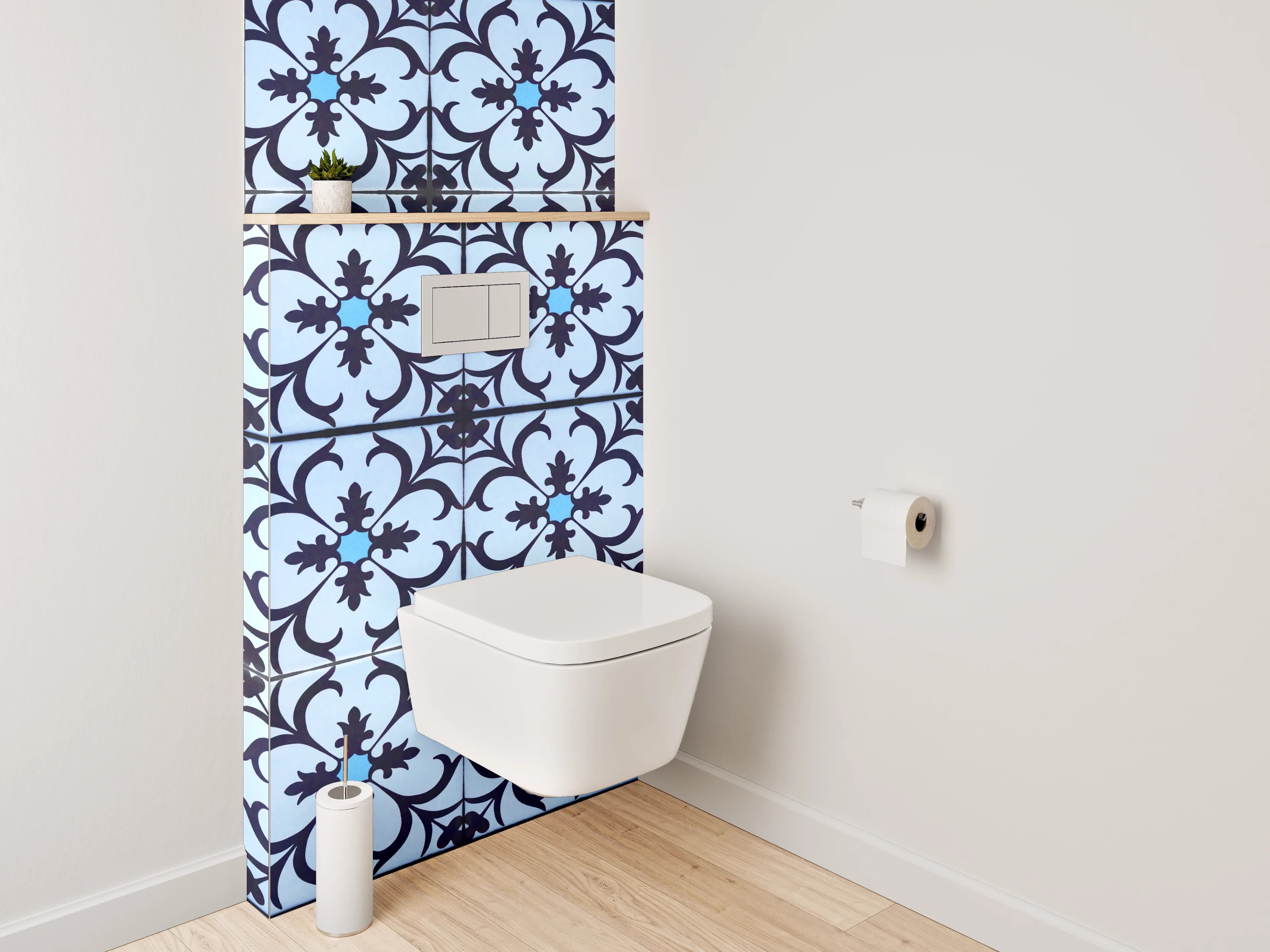 WC-Rückwand - Blau-graues Jugendstil-Ornament Muster