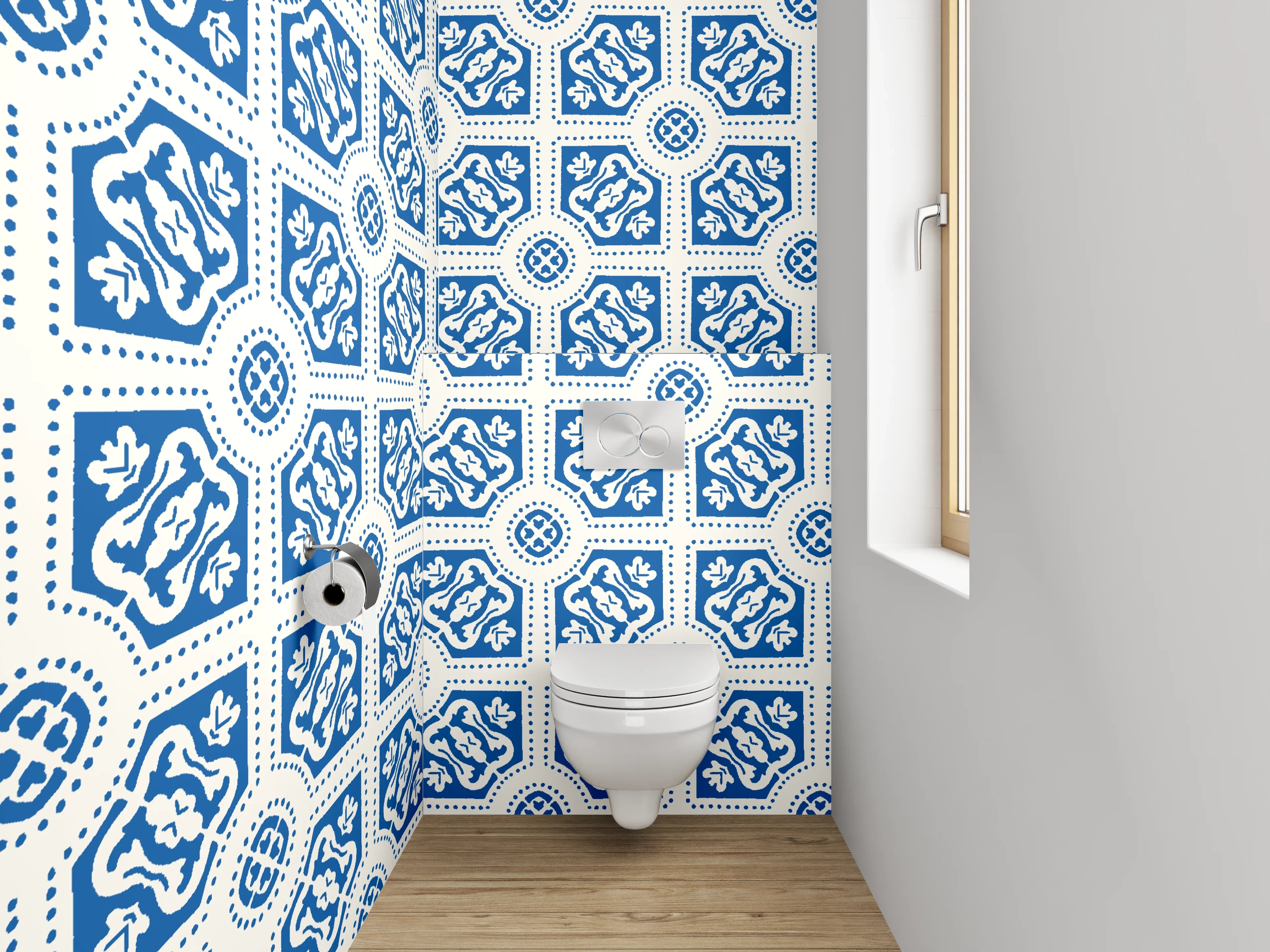 WC-Rückwand - Blau-graues Mosaik mit weißen Akzenten