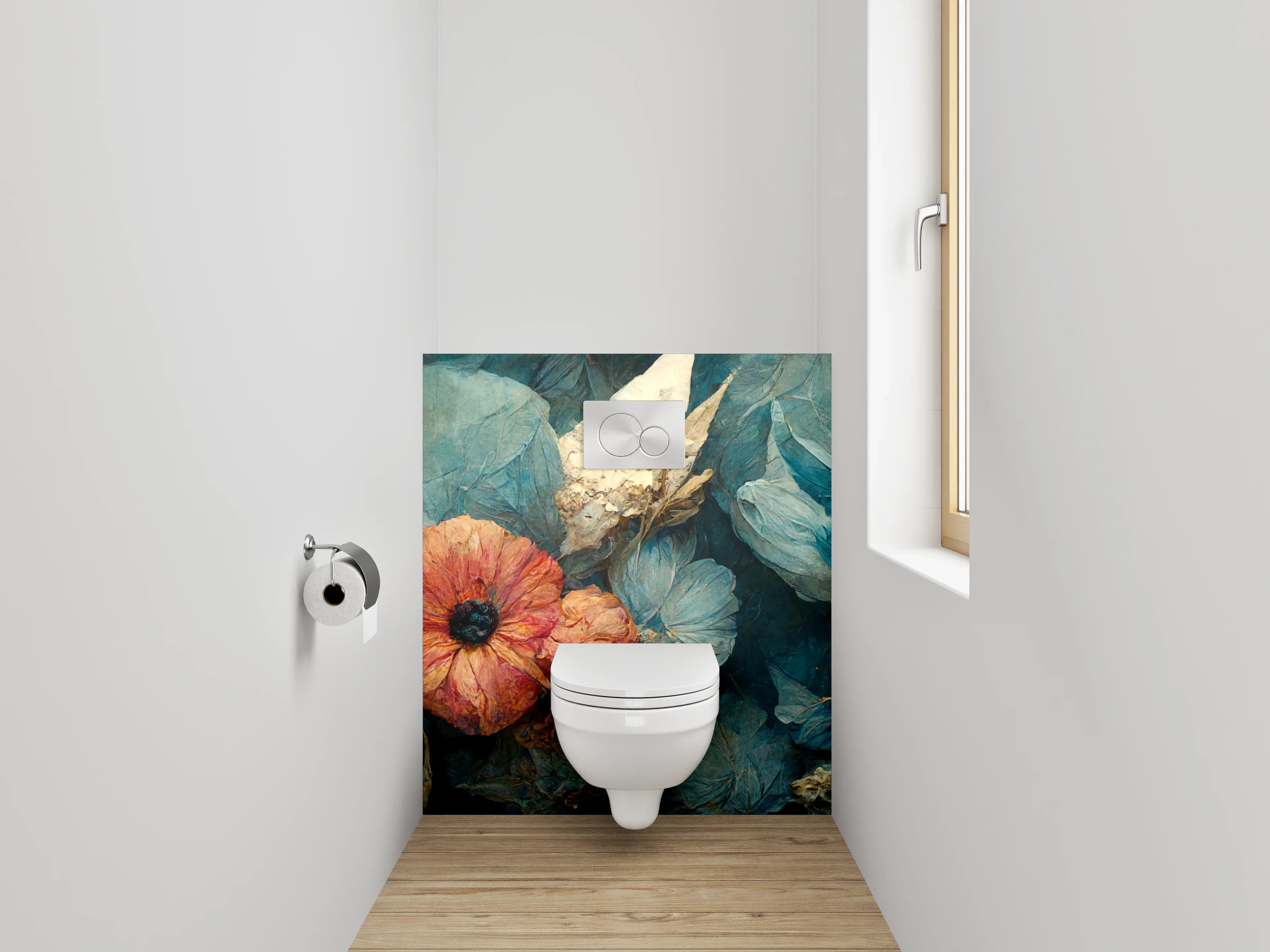 WC-Rückwand - Blau-rote Blumenmalerei Stillleben