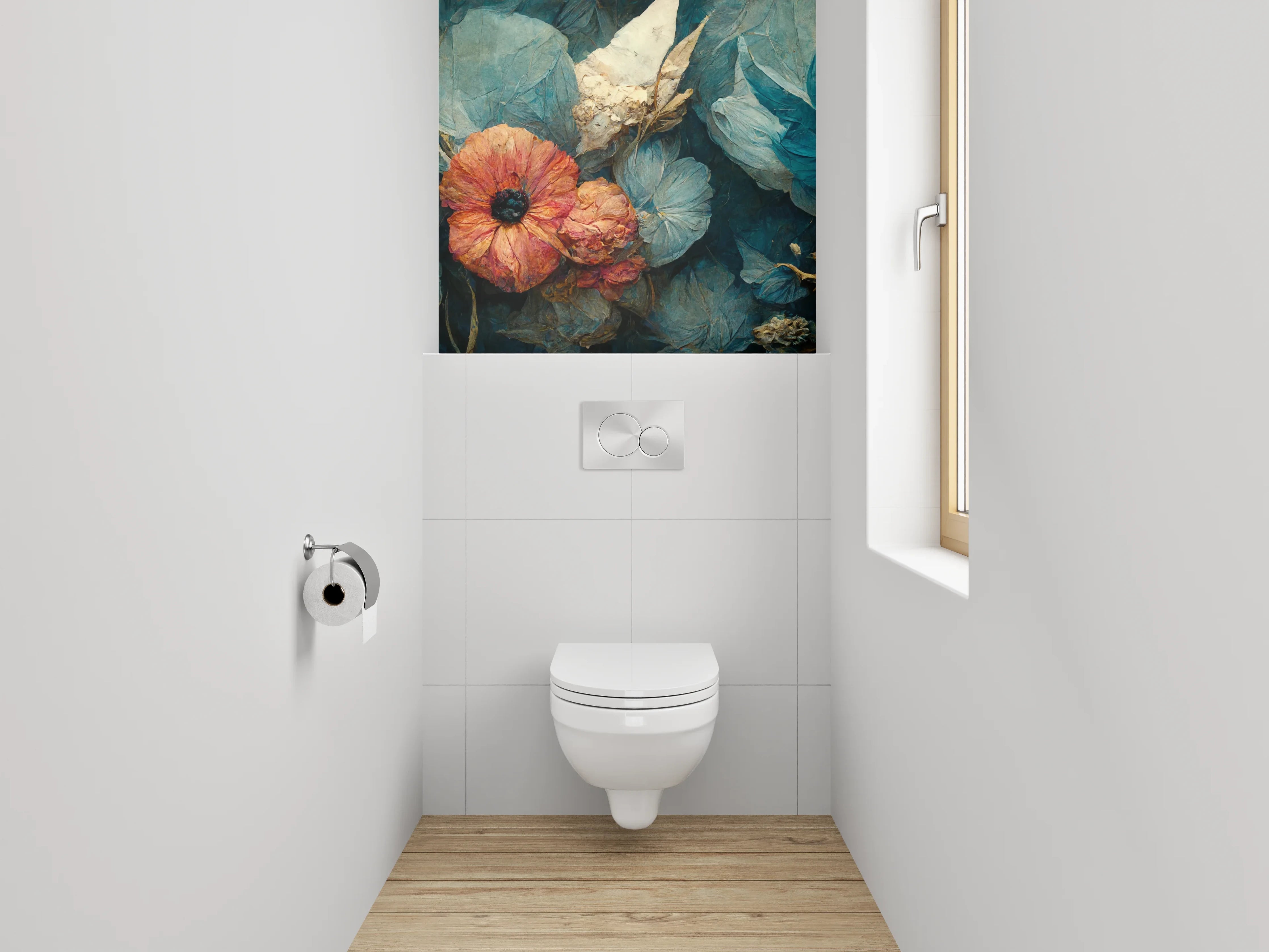 WC-Rückwand - Blau-rote Blumenmalerei Stillleben