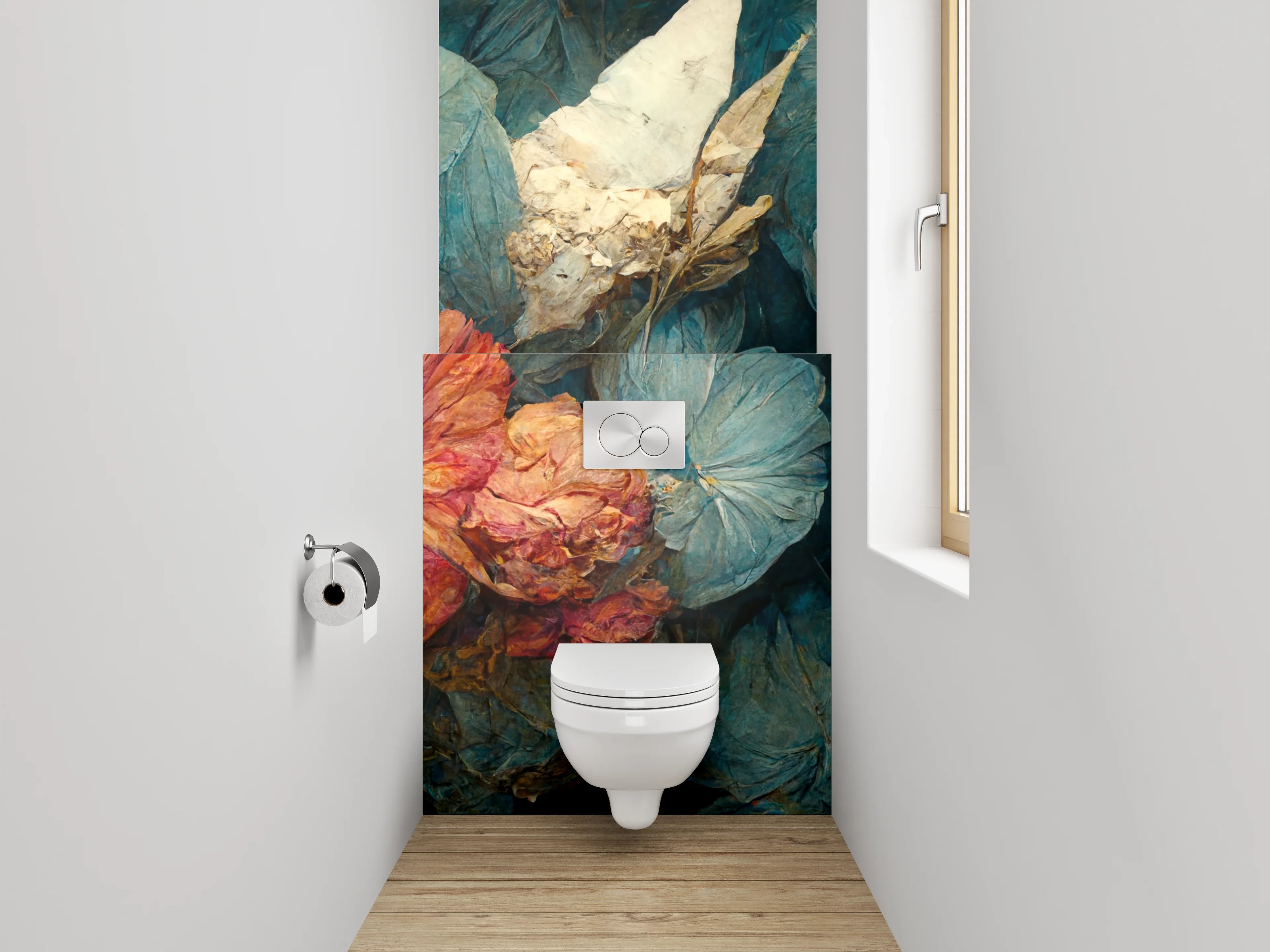 WC-Rückwand - Blau-rote Blumenmalerei Stillleben