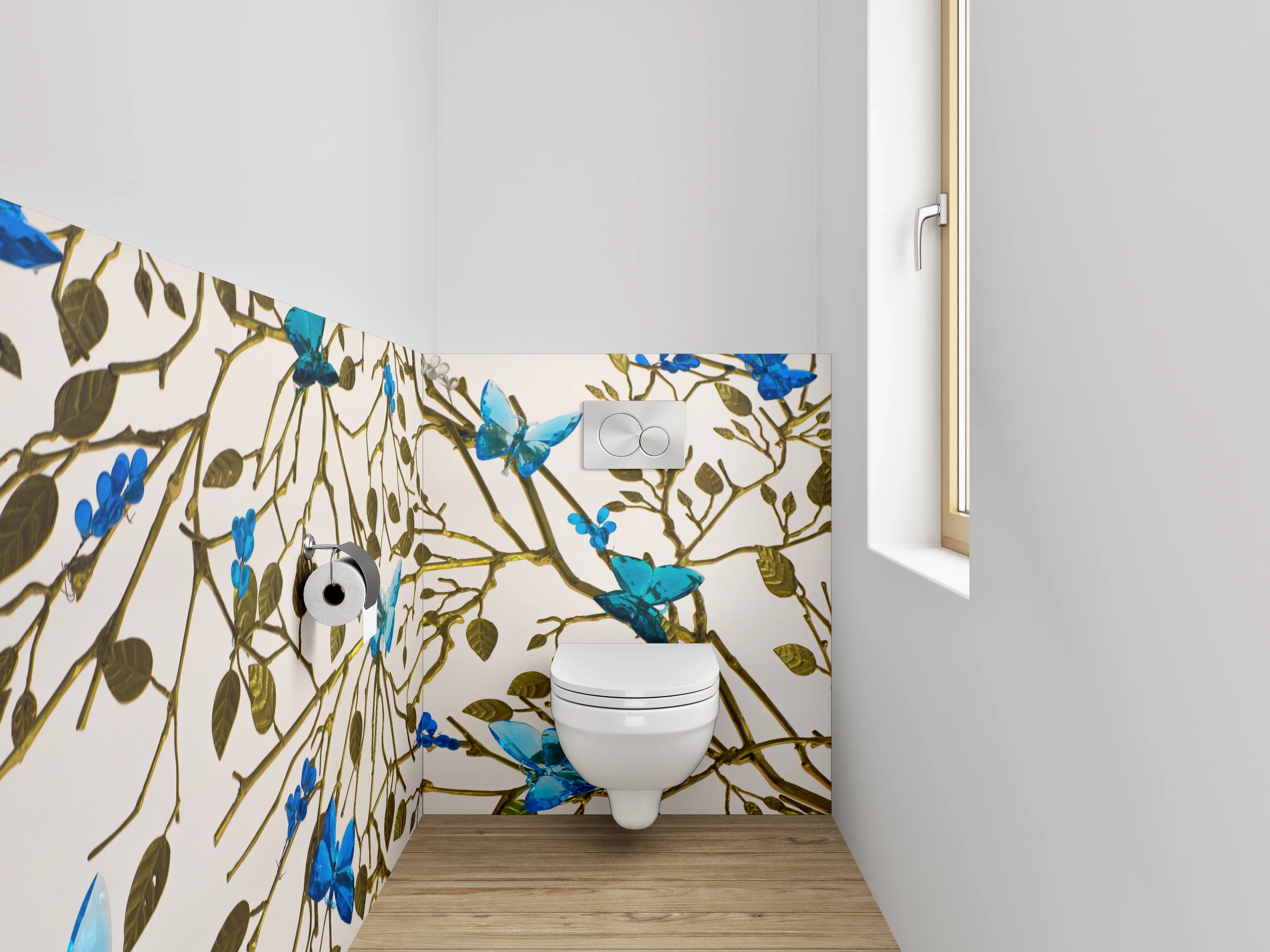 WC-Rückwand - Blau-türkise Schmetterlinge auf Ästen