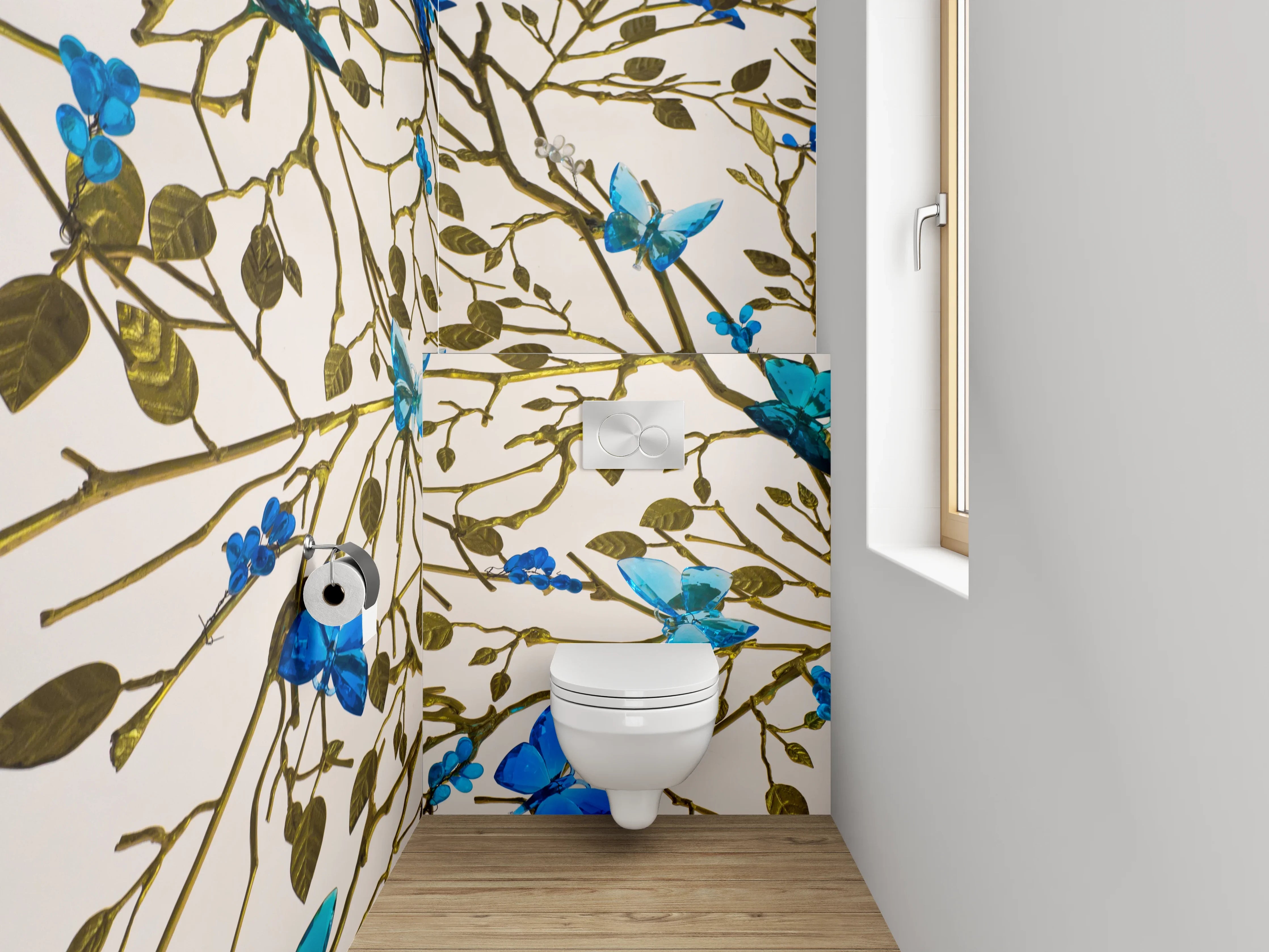 WC-Rückwand - Blau-türkise Schmetterlinge auf Ästen