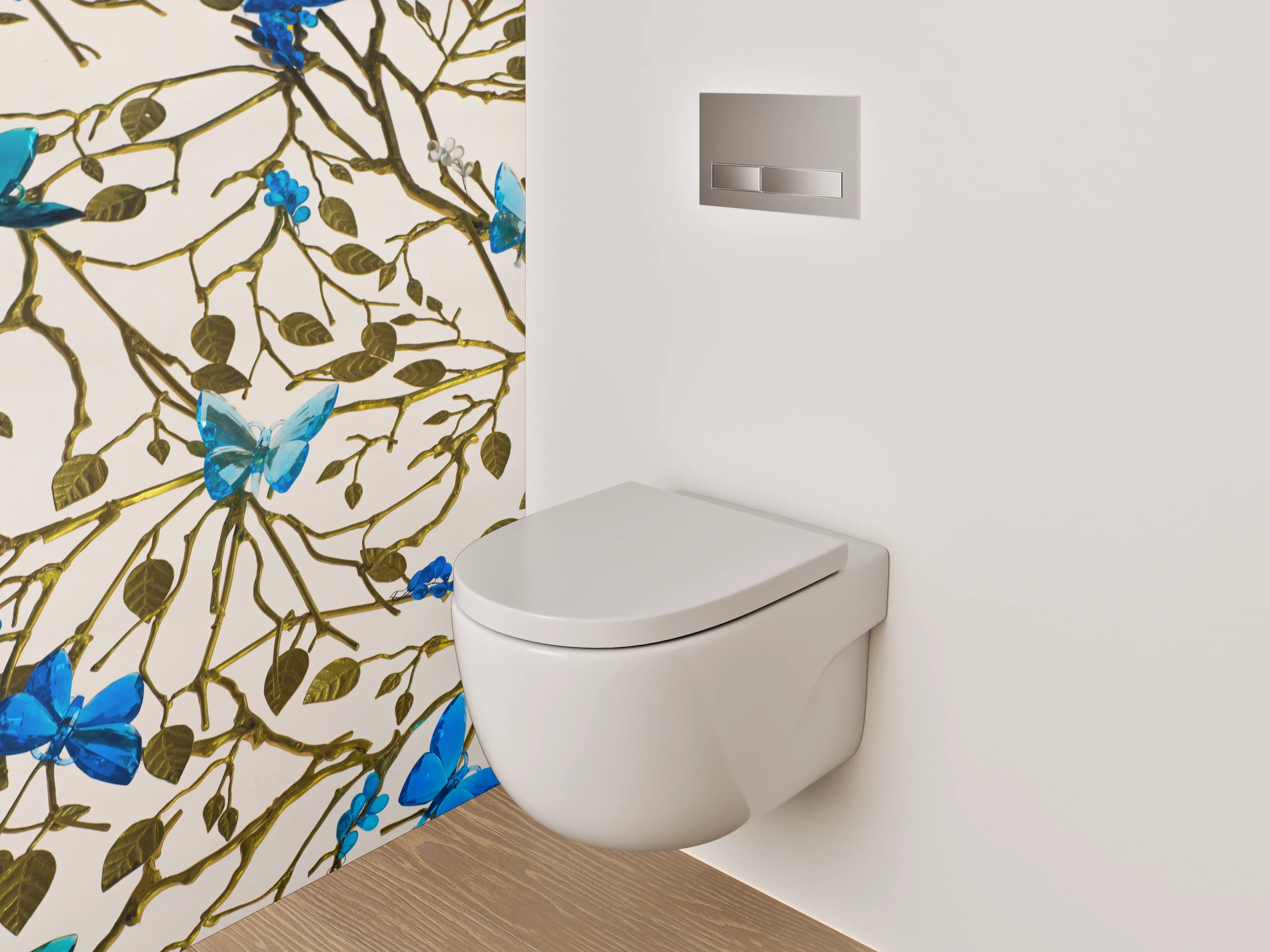 WC-Rückwand - Blau-türkise Schmetterlinge auf Ästen