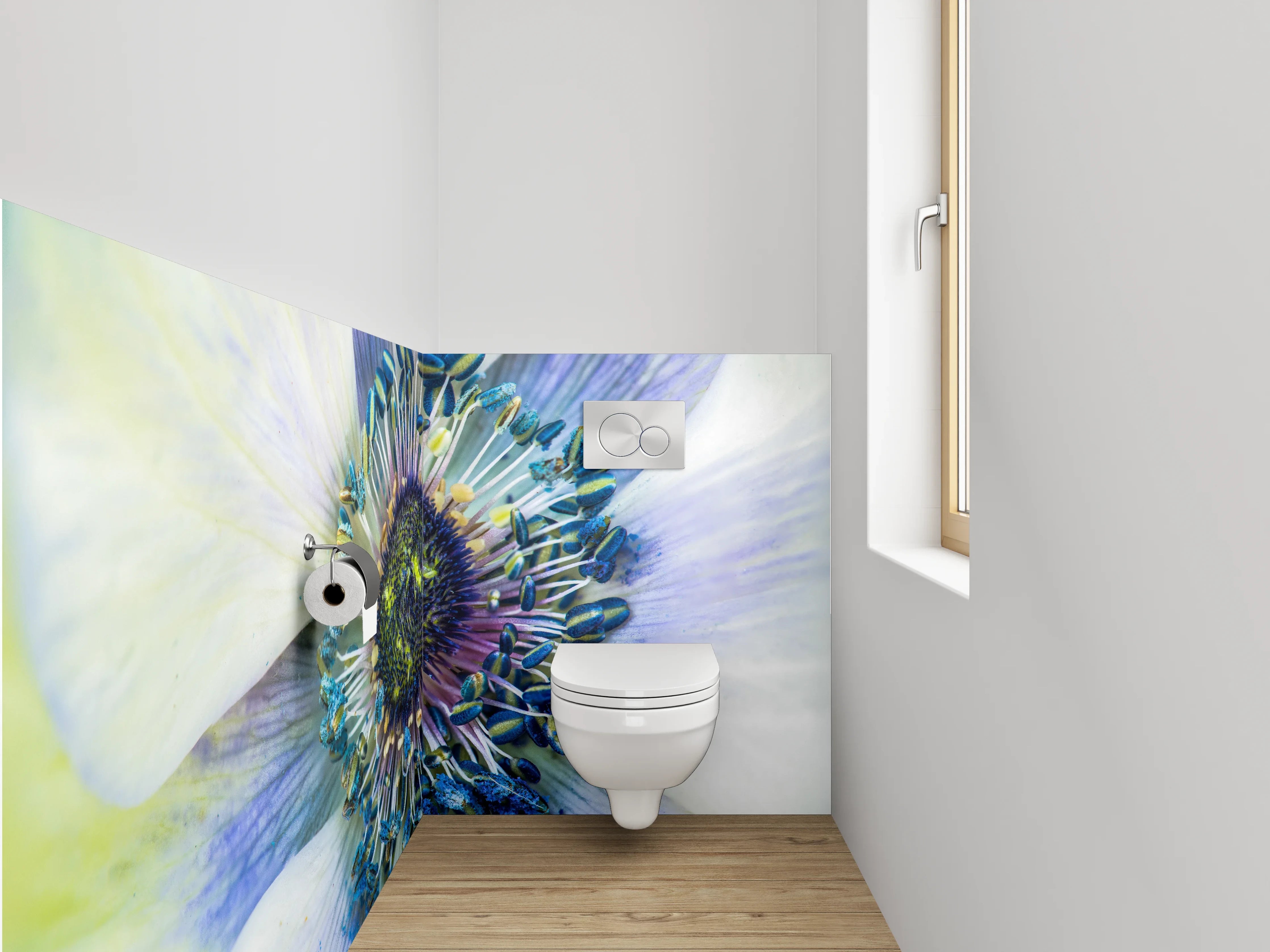 WC-Rückwand - Blau-weiße Anemone Makroaufnahme