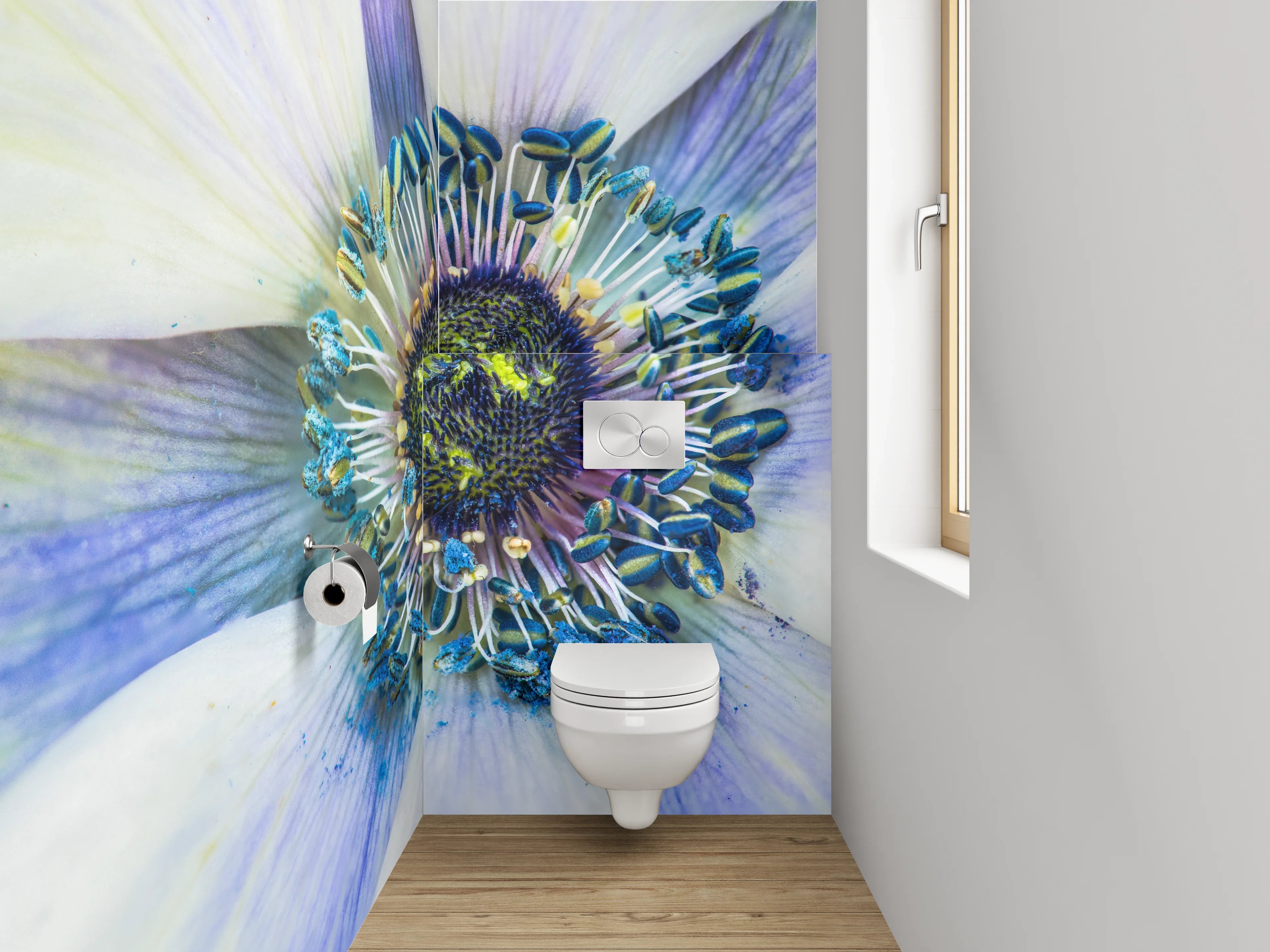 WC-Rückwand - Blau-weiße Anemone Makroaufnahme