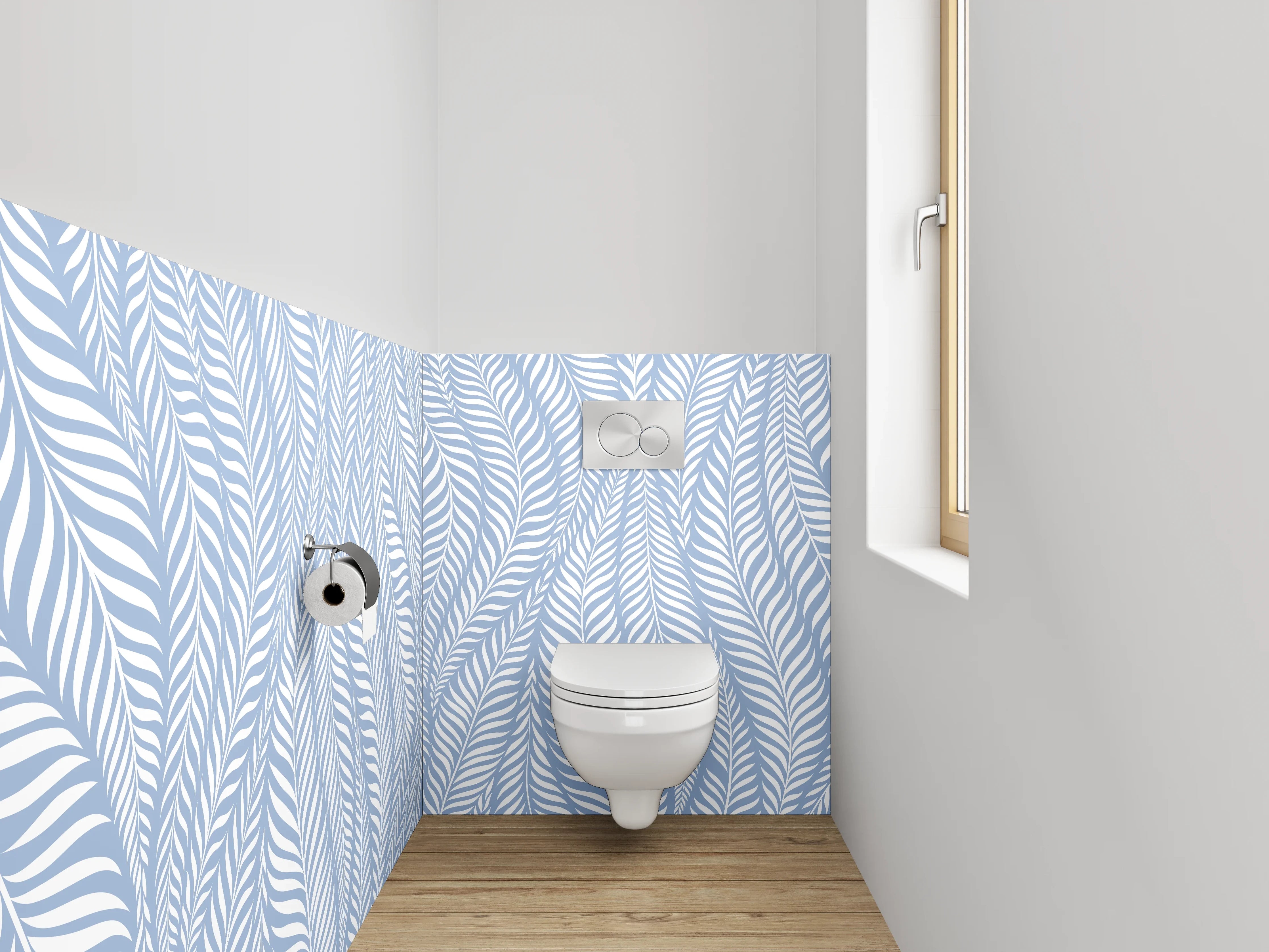 WC-Rückwand - Blau-weißes Blattmuster Design