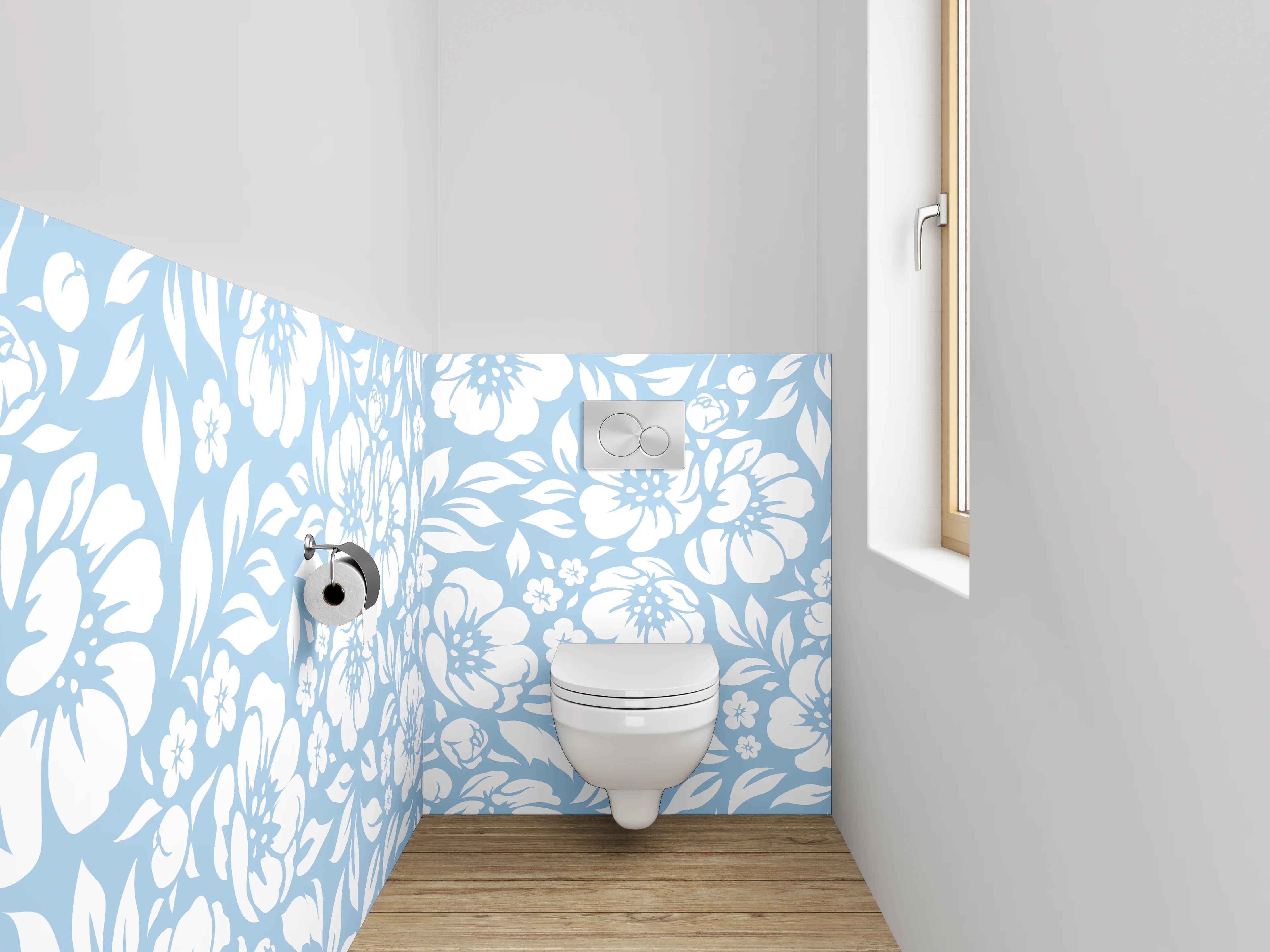 WC-Rückwand - Blau-weißes Blumenmuster modern