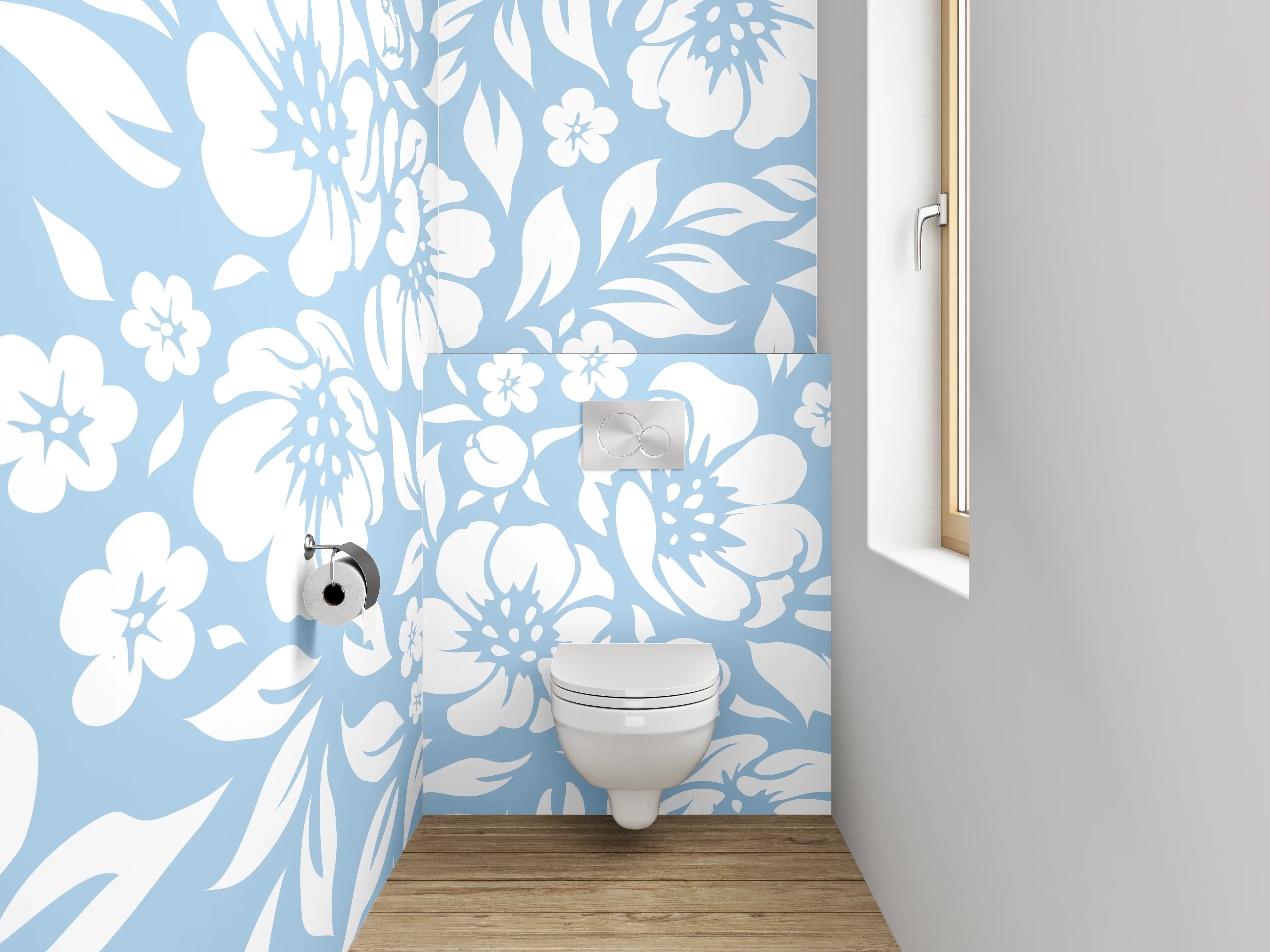 WC-Rückwand - Blau-weißes Blumenmuster modern