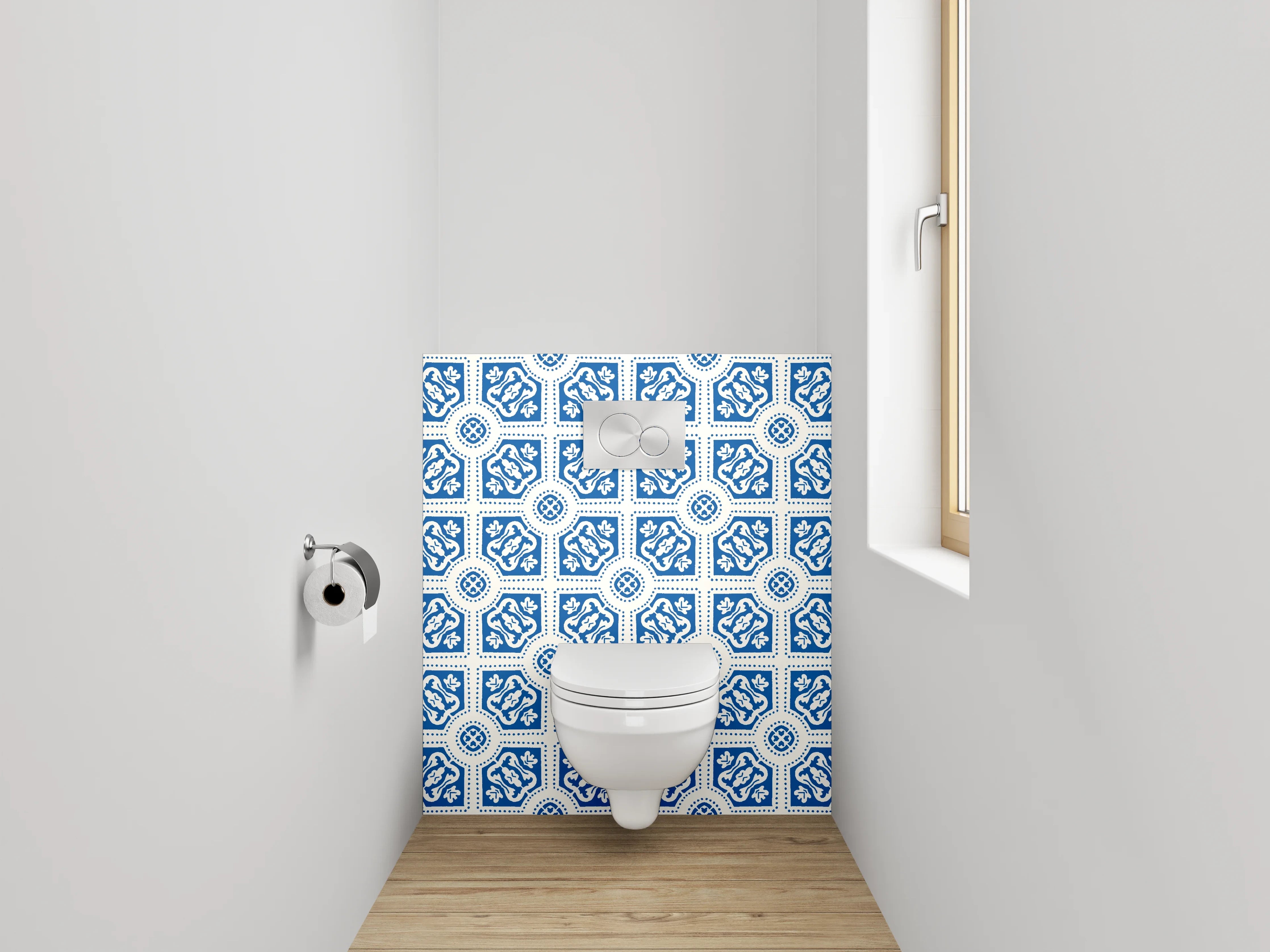 WC-Rückwand - Blau-weißes Fliesenmuster Retro