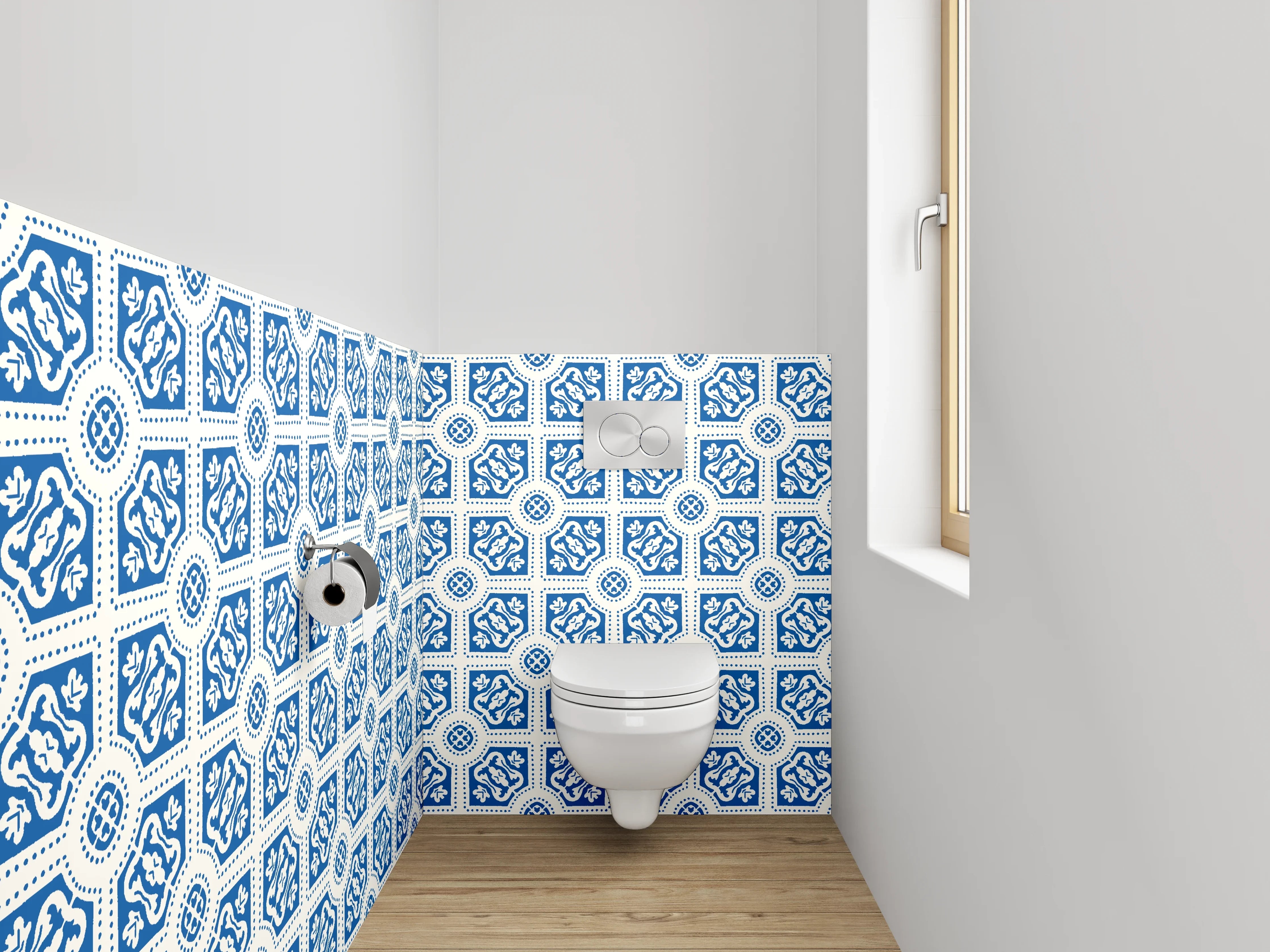 WC-Rückwand - Blau-weißes Fliesenmuster Retro