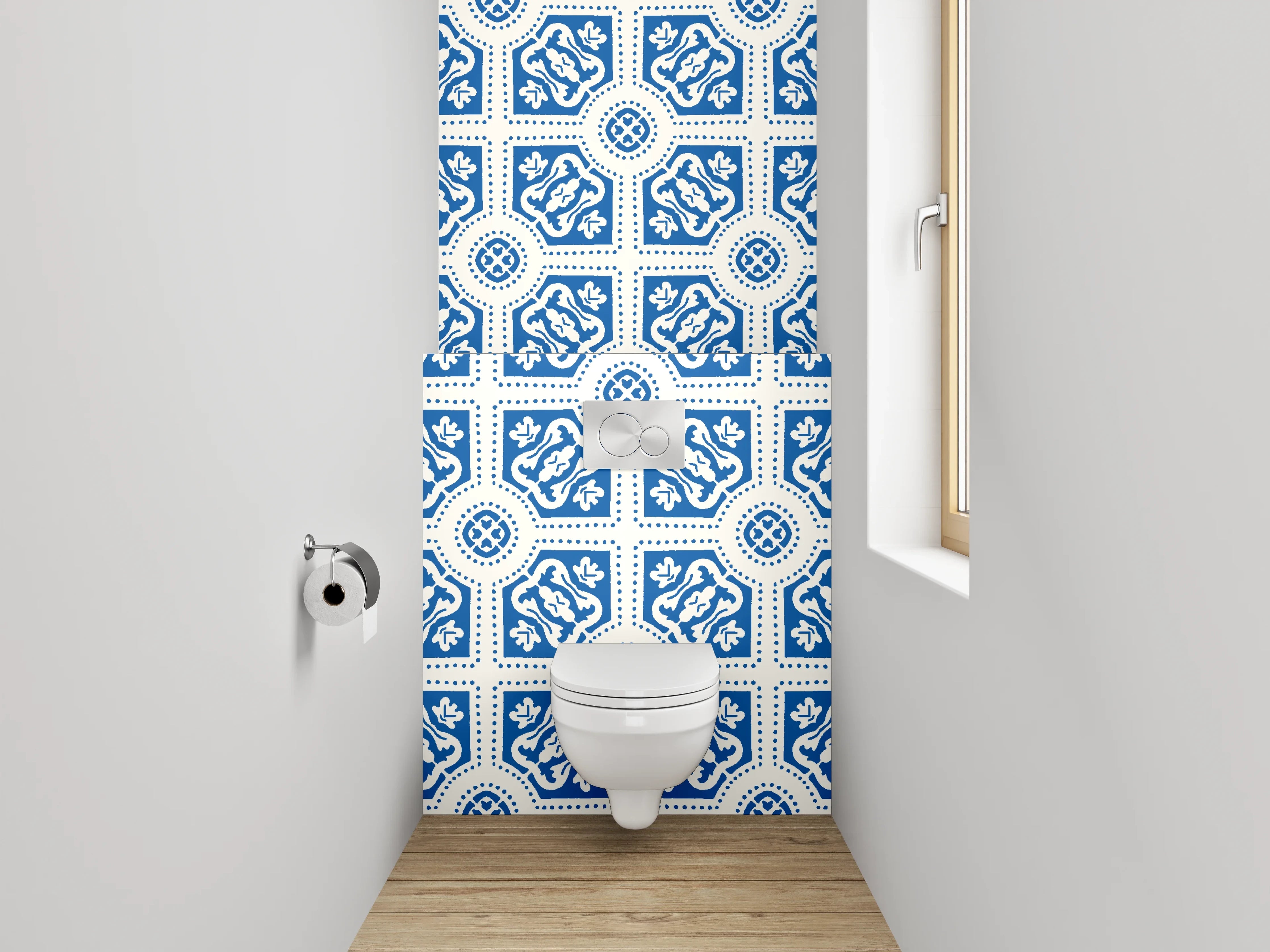 WC-Rückwand - Blau-weißes Fliesenmuster Retro