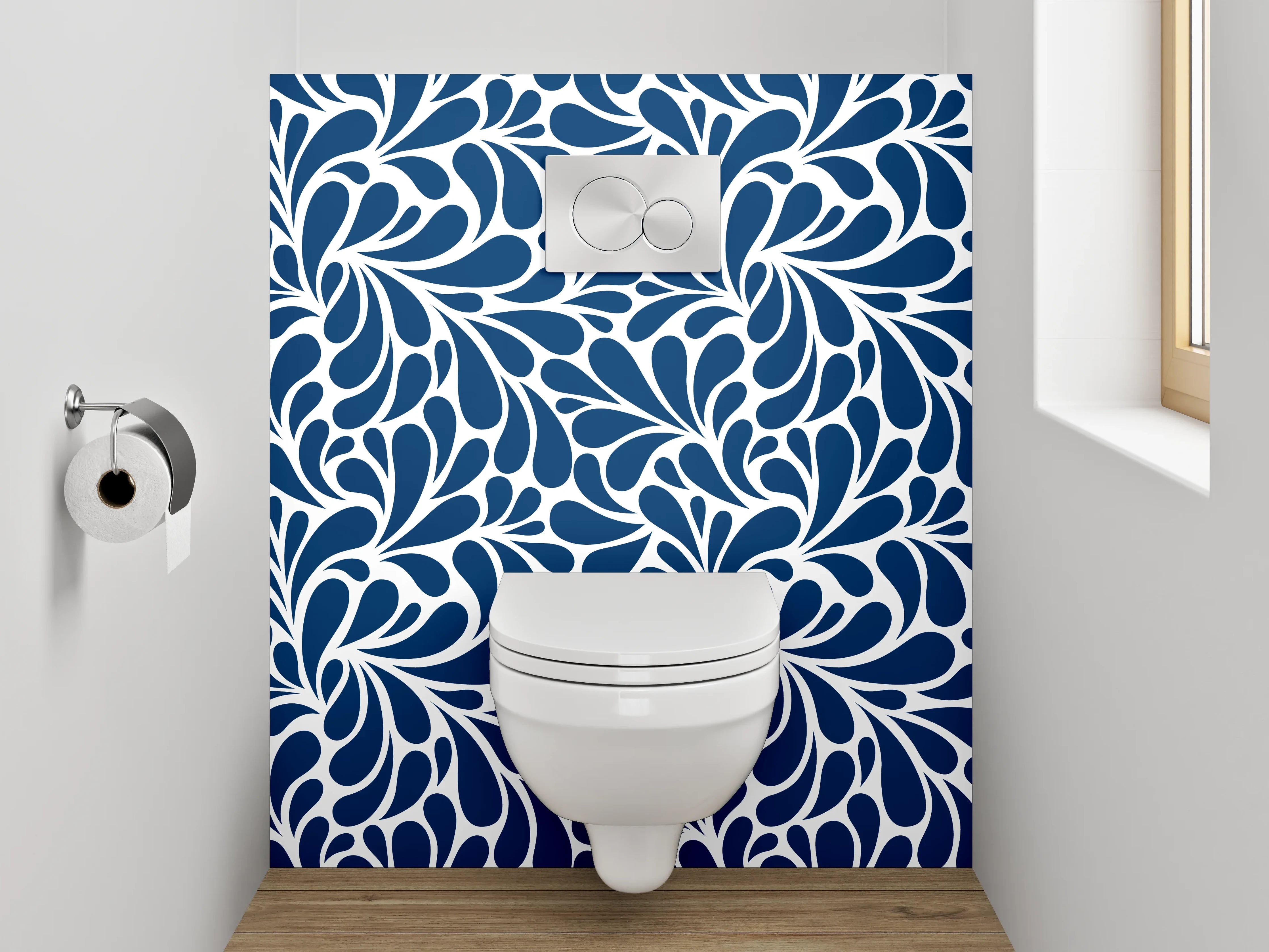 WC-Rückwand - Blau-weißes abstraktes Rankenmuster