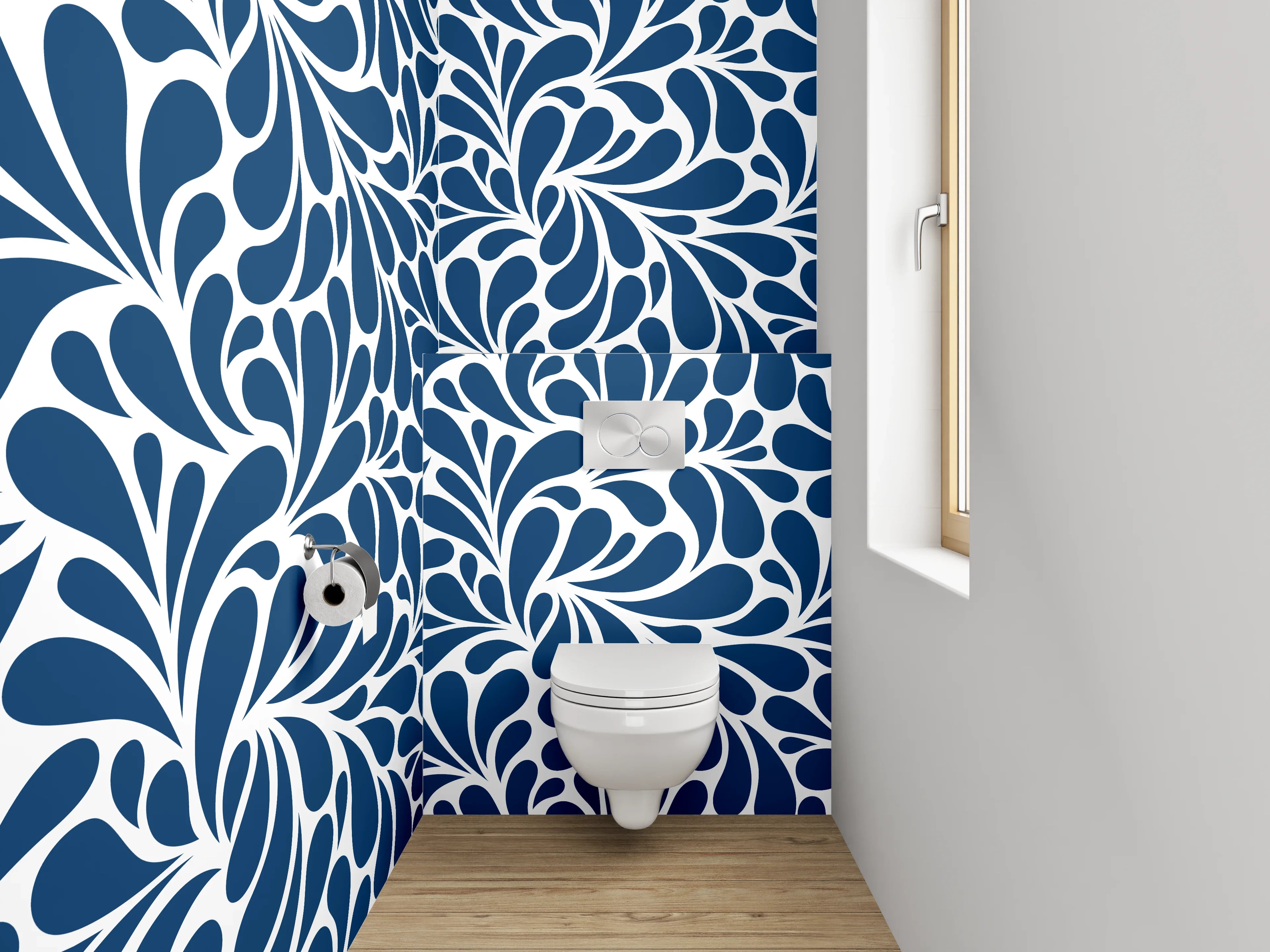 WC-Rückwand - Blau-weißes abstraktes Rankenmuster