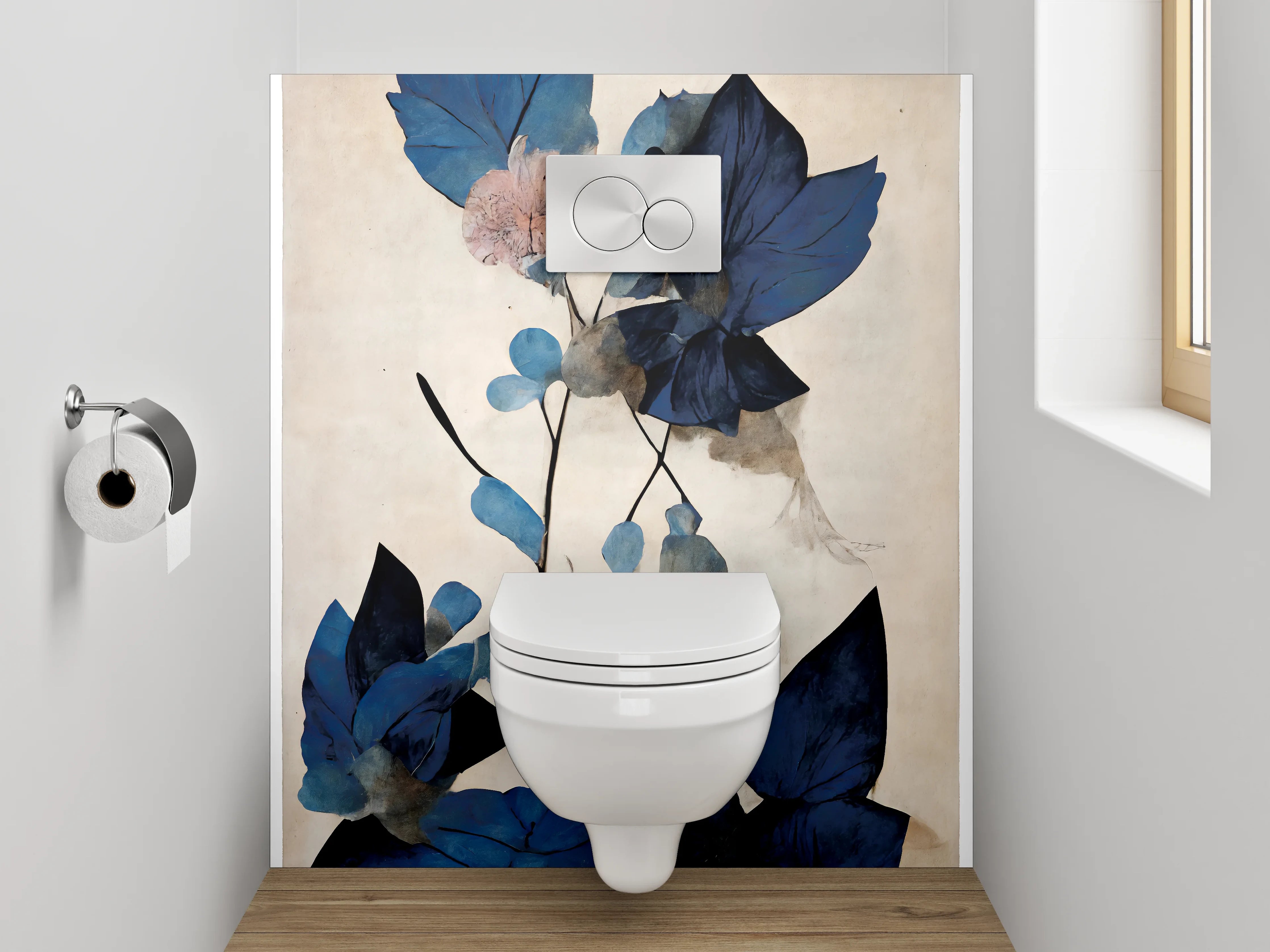 WC-Rückwand - Blaue Blätter Aquarell Pflanzenkunst
