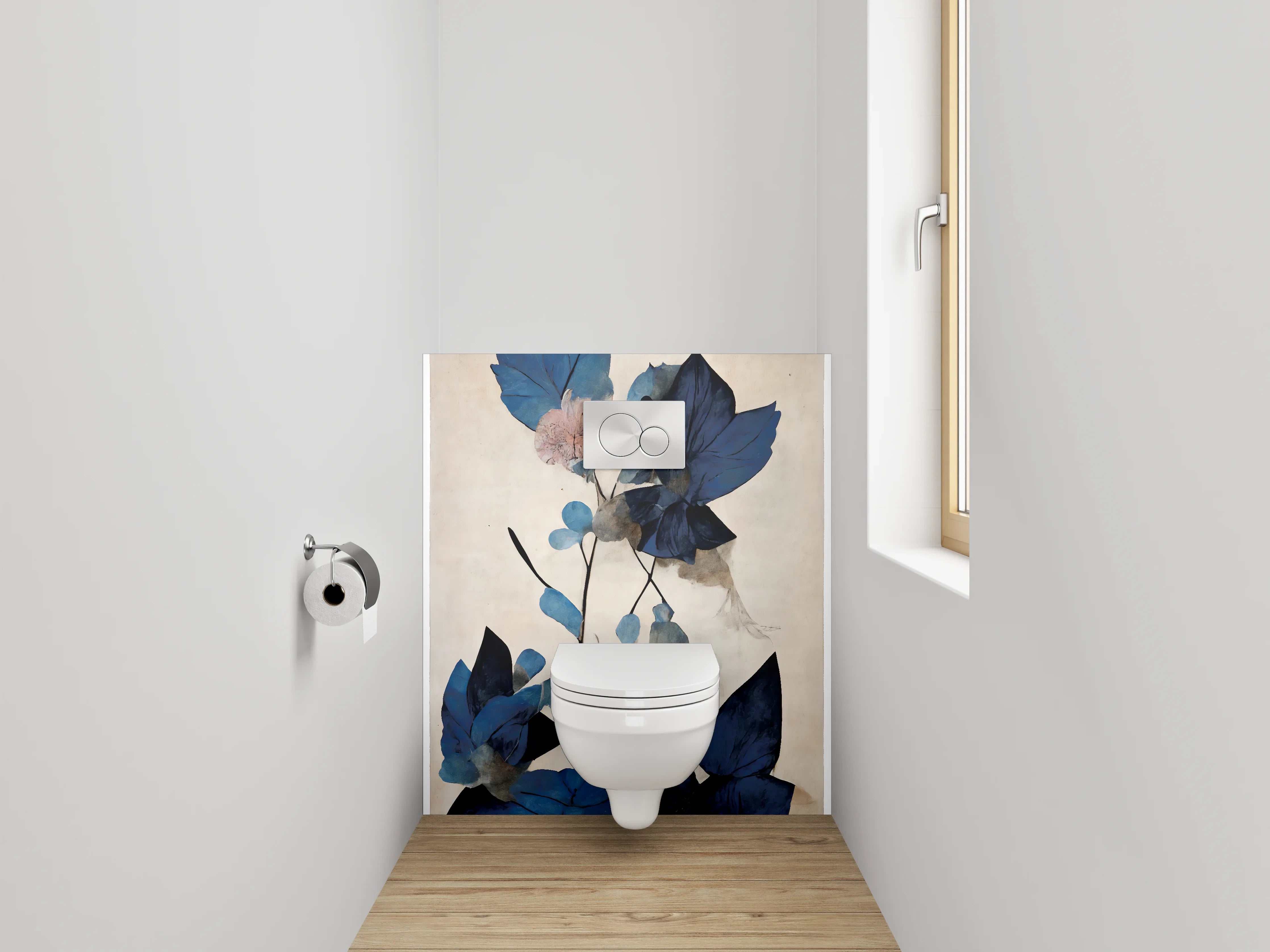 WC-Rückwand - Blaue Blätter Aquarell Pflanzenkunst