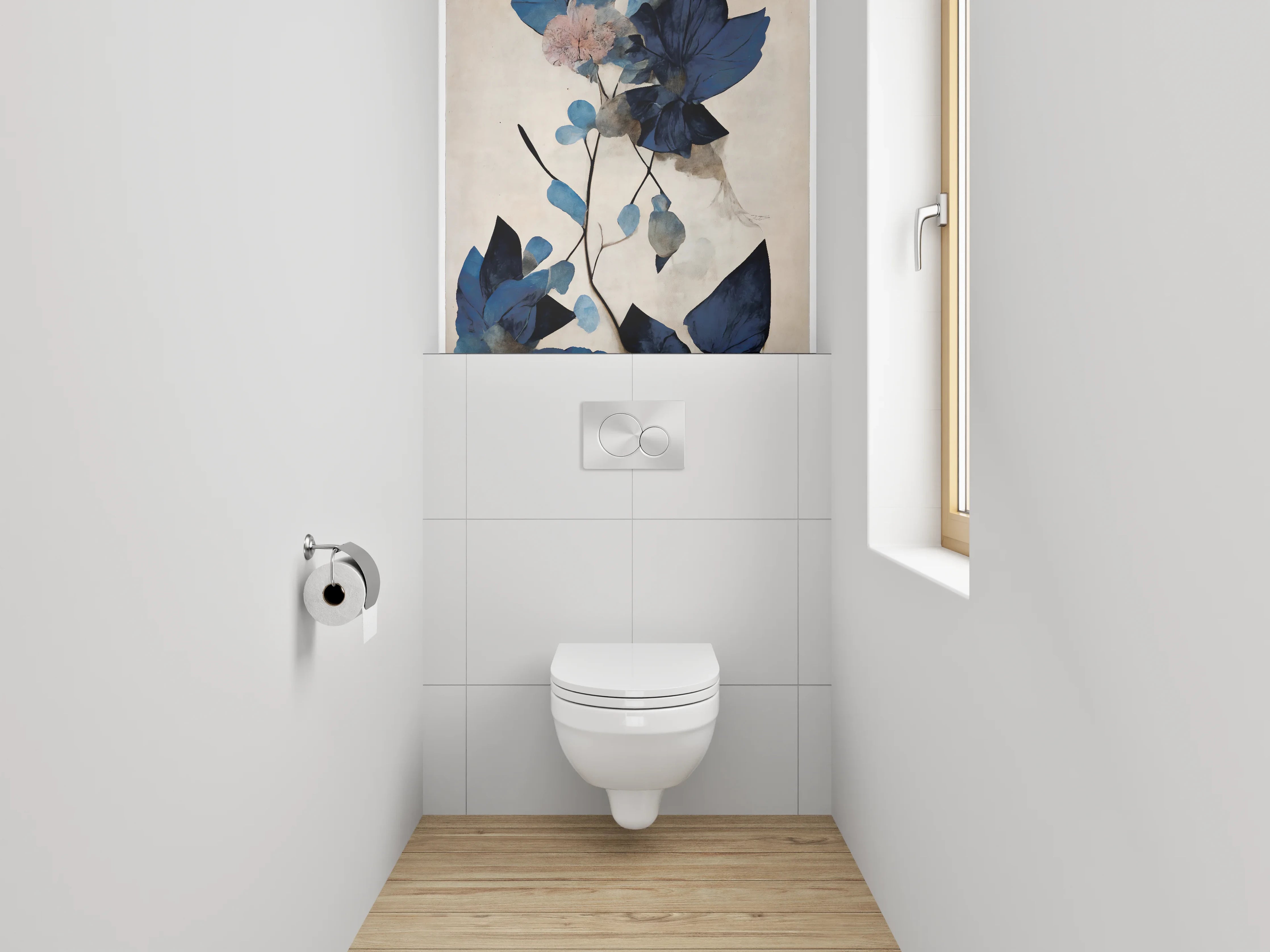 WC-Rückwand - Blaue Blätter Aquarell Pflanzenkunst