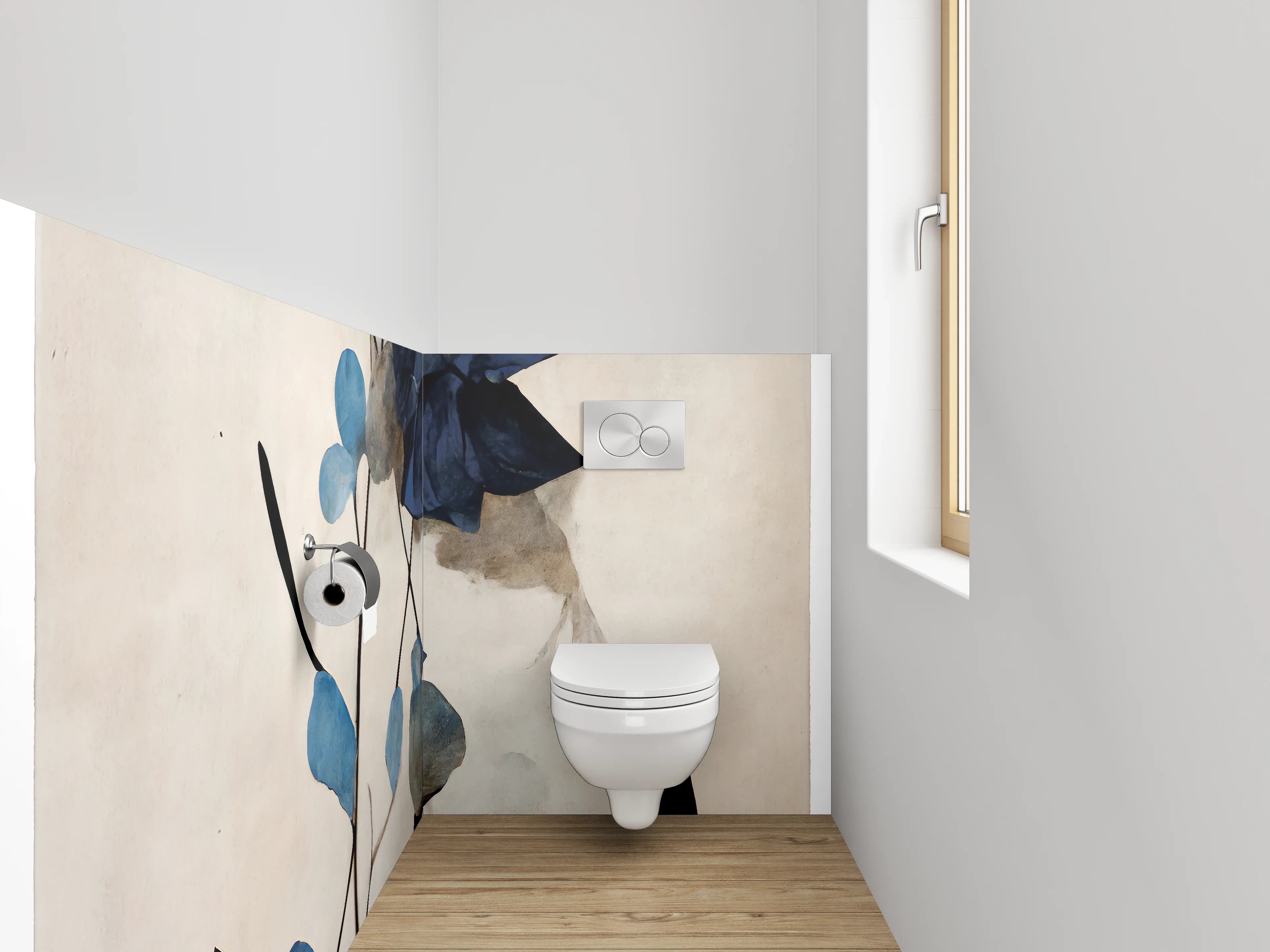 WC-Rückwand - Blaue Blätter Aquarell Pflanzenkunst