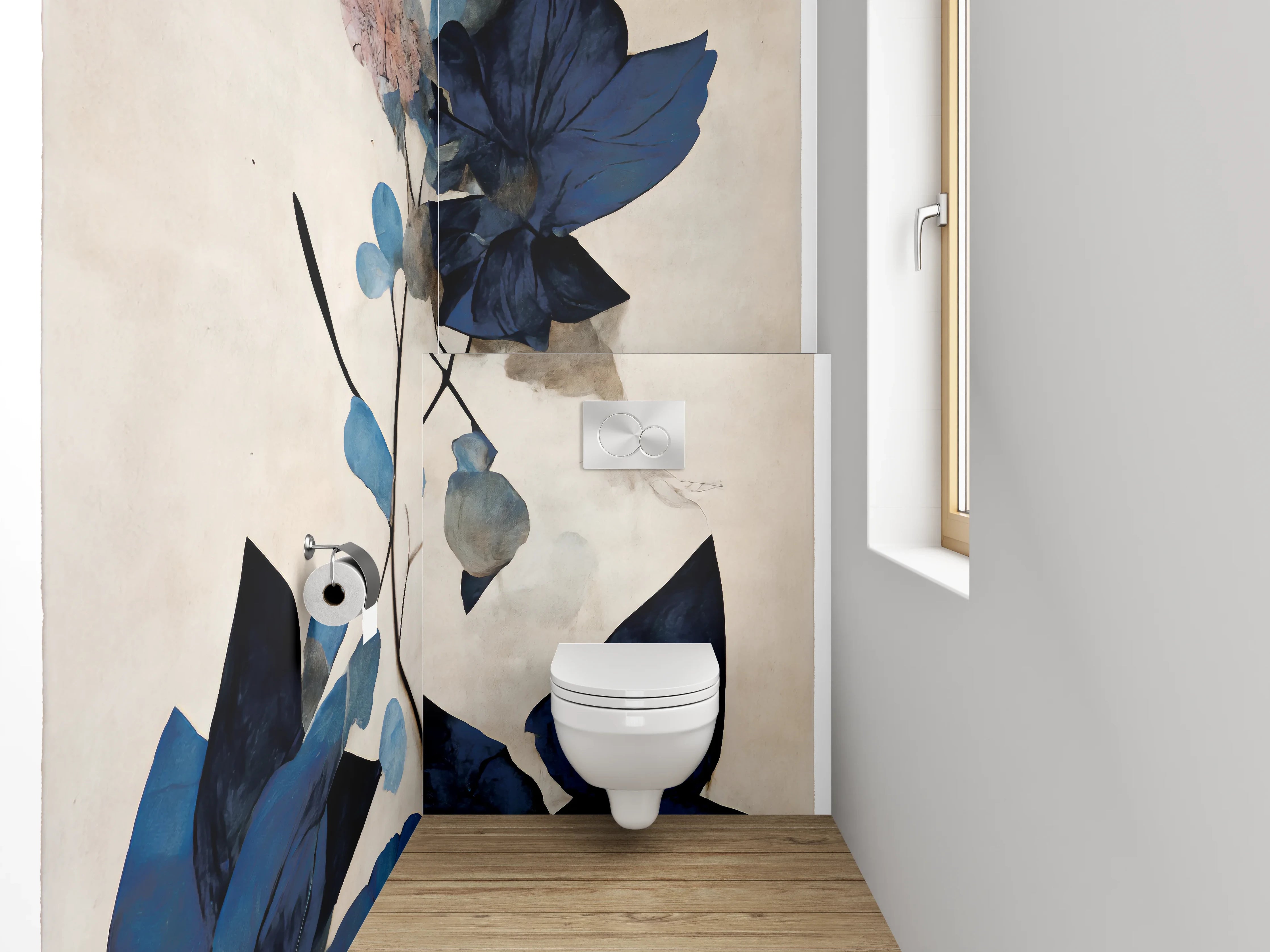 WC-Rückwand - Blaue Blätter Aquarell Pflanzenkunst
