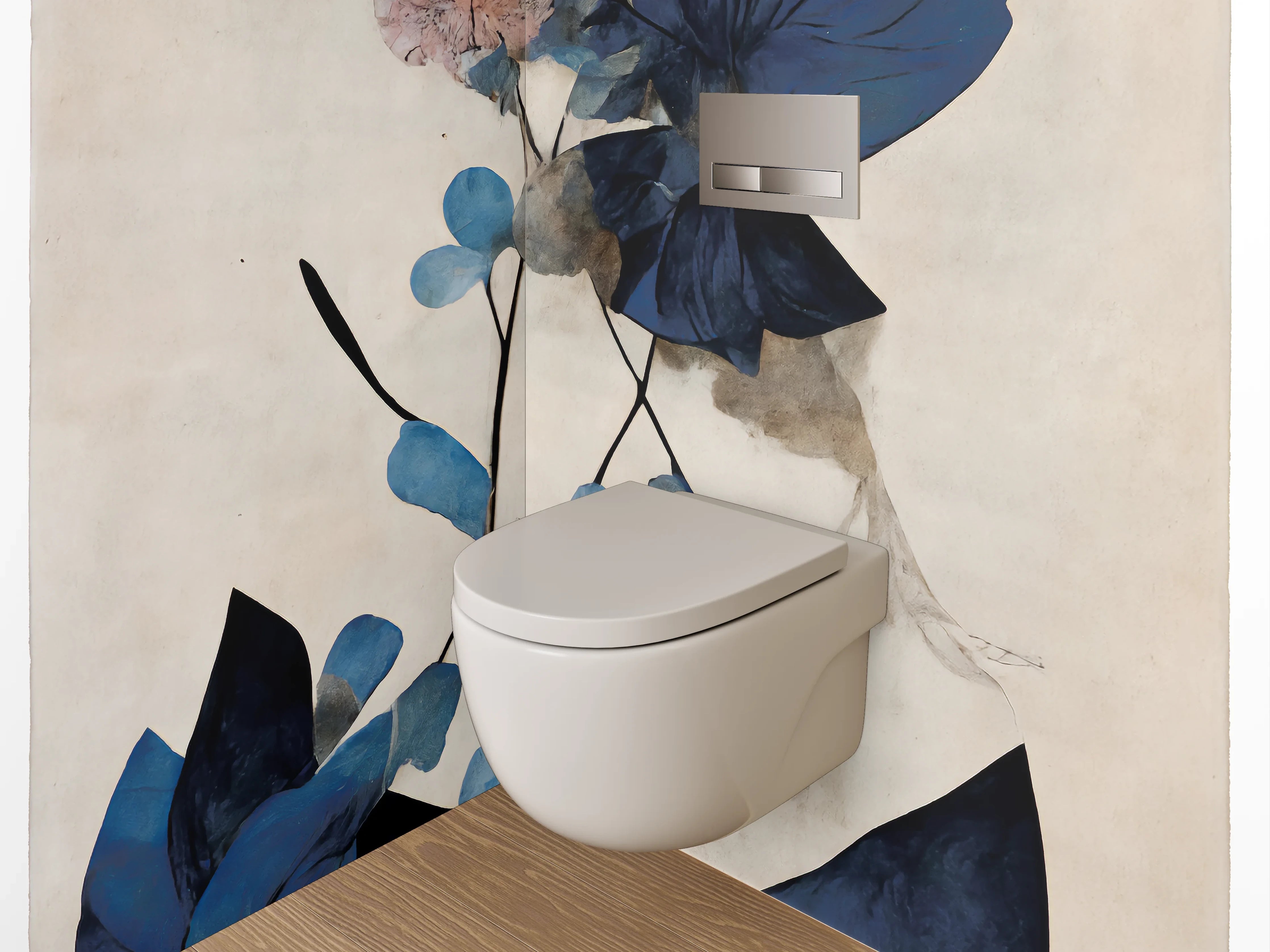 WC-Rückwand - Blaue Blätter Aquarell Pflanzenkunst