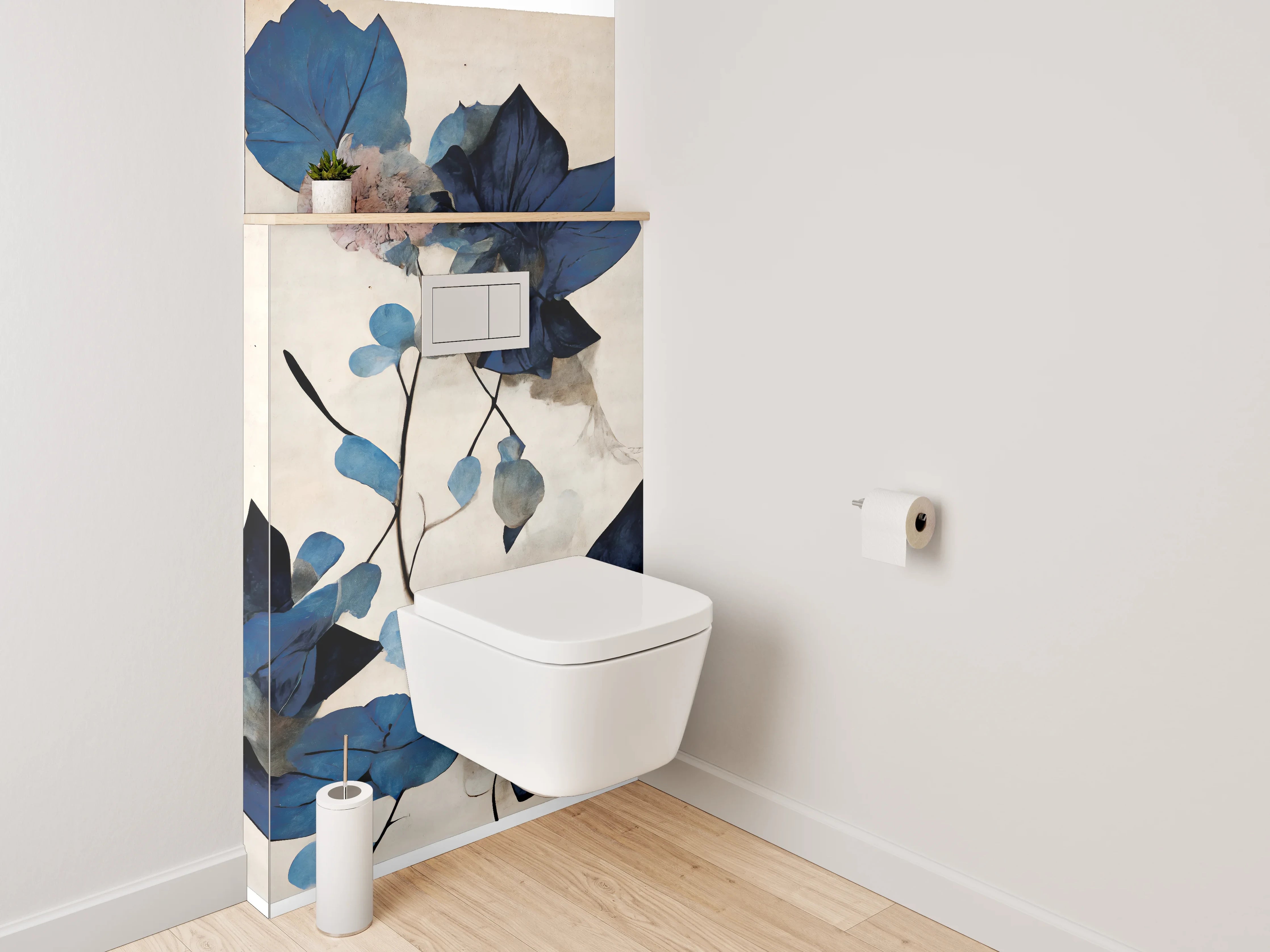 WC-Rückwand - Blaue Blätter Aquarell Pflanzenkunst