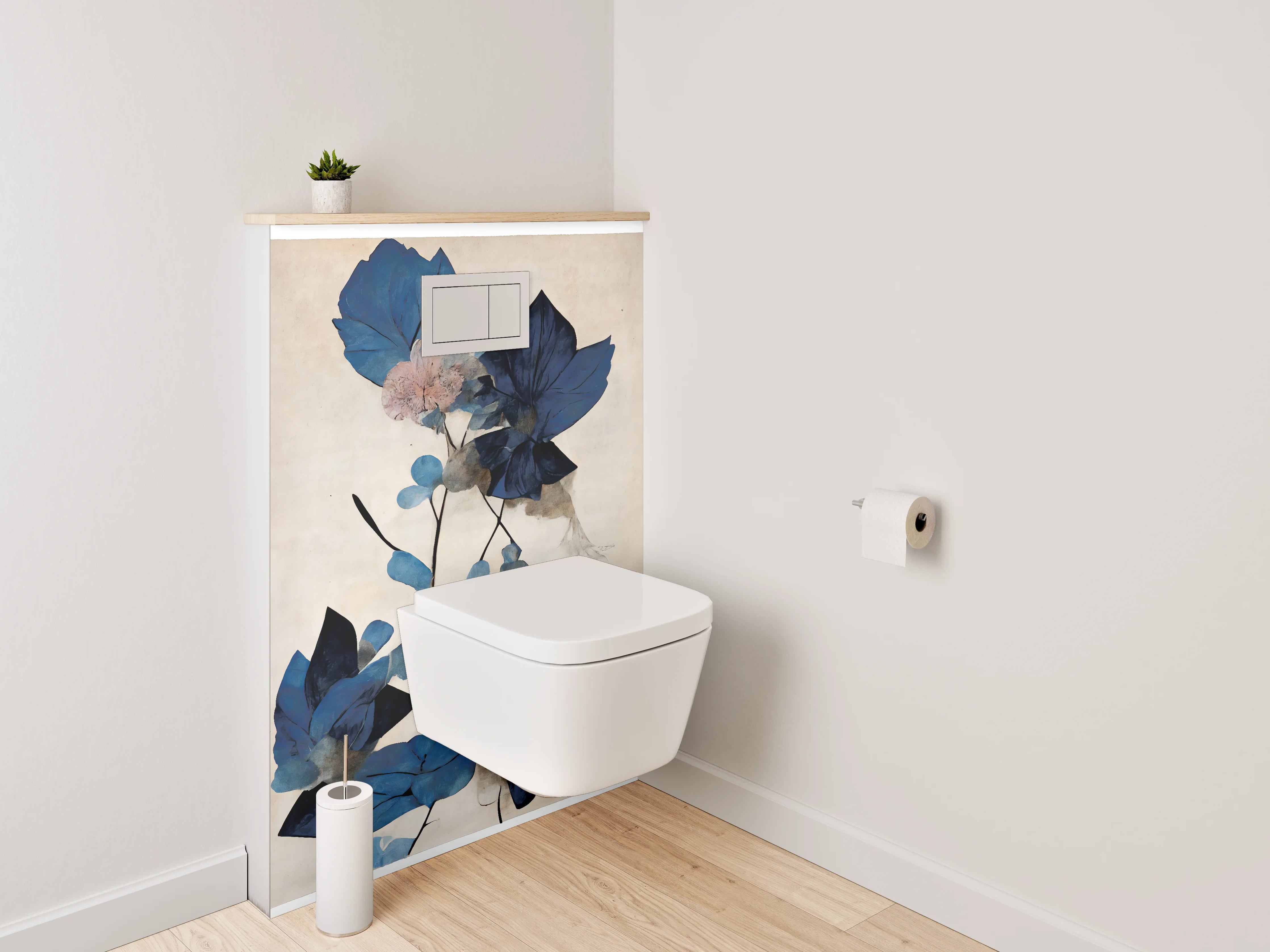 WC-Rückwand - Blaue Blätter Aquarell Pflanzenkunst