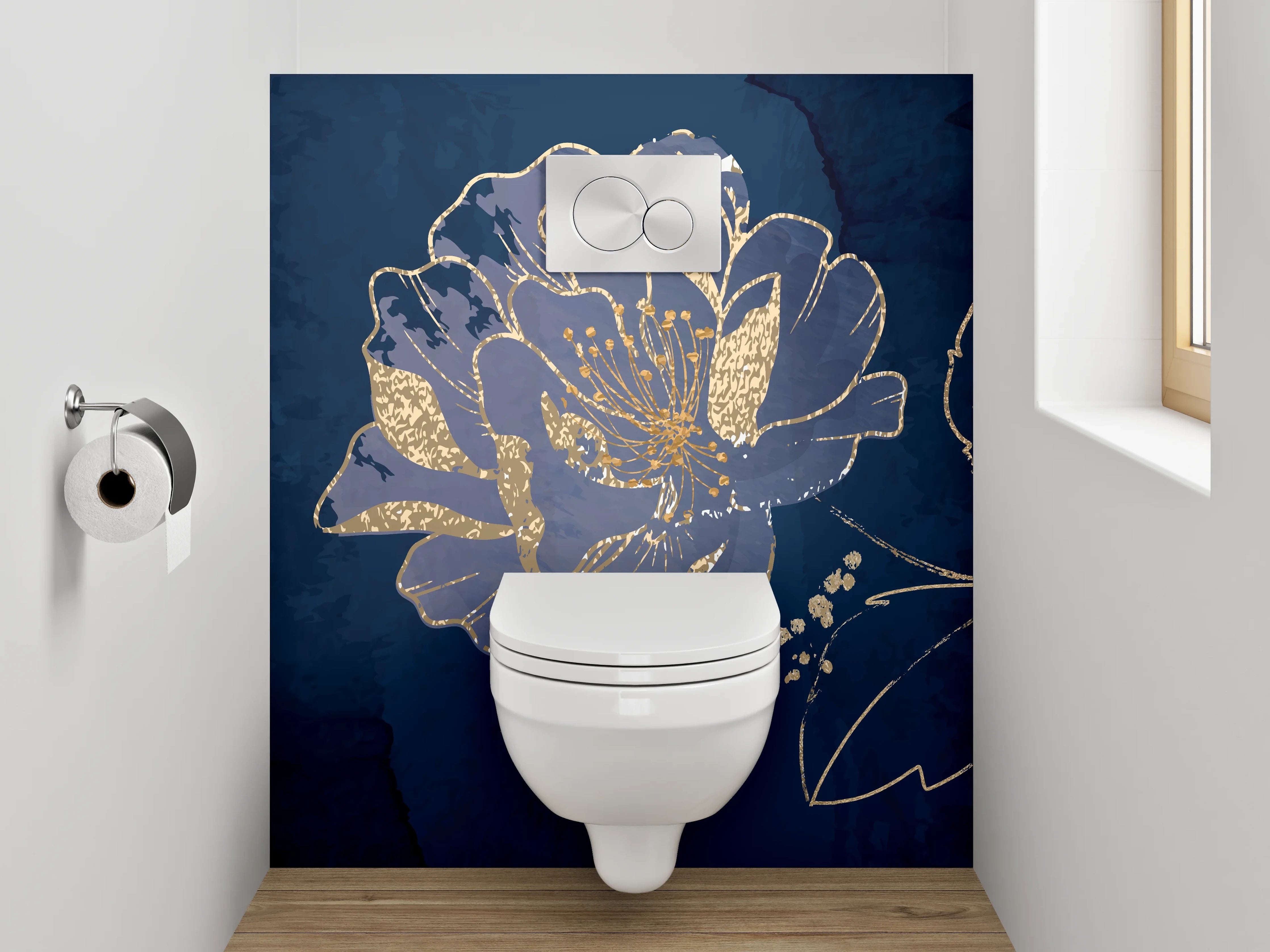 WC-Rückwand - Blaue Blumen mit Goldakzenten