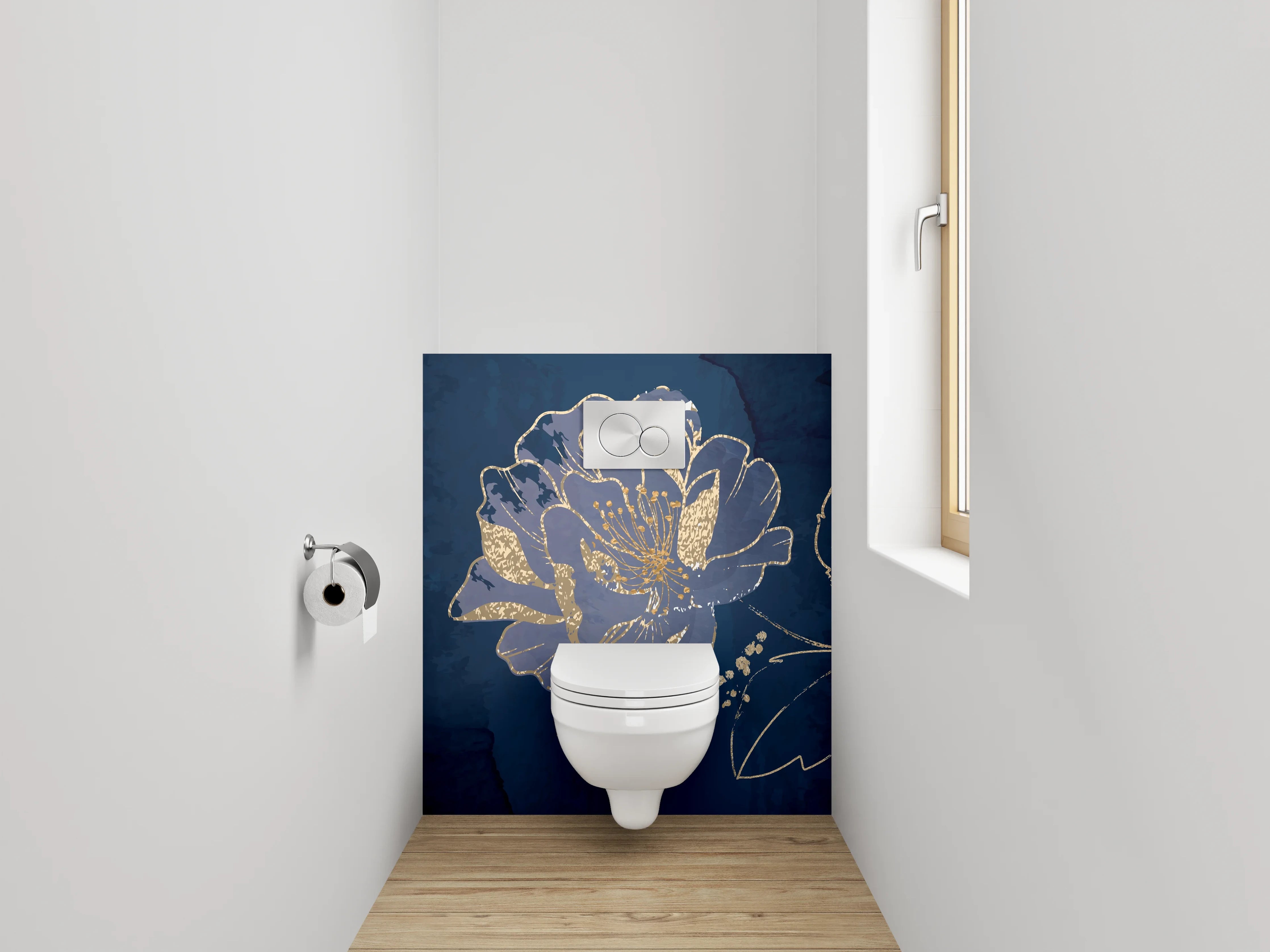 WC-Rückwand - Blaue Blumen mit Goldakzenten