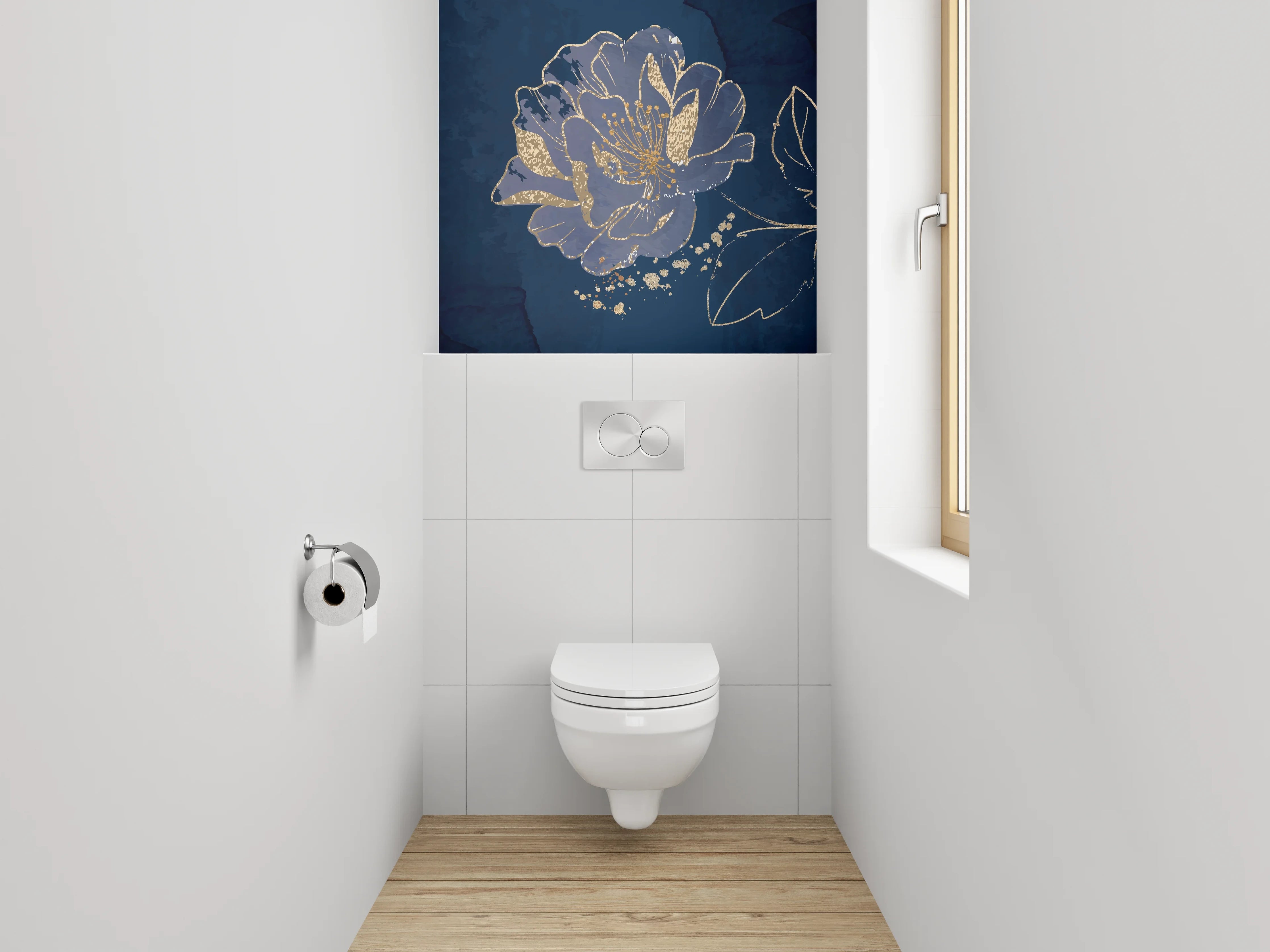 WC-Rückwand - Blaue Blumen mit Goldakzenten