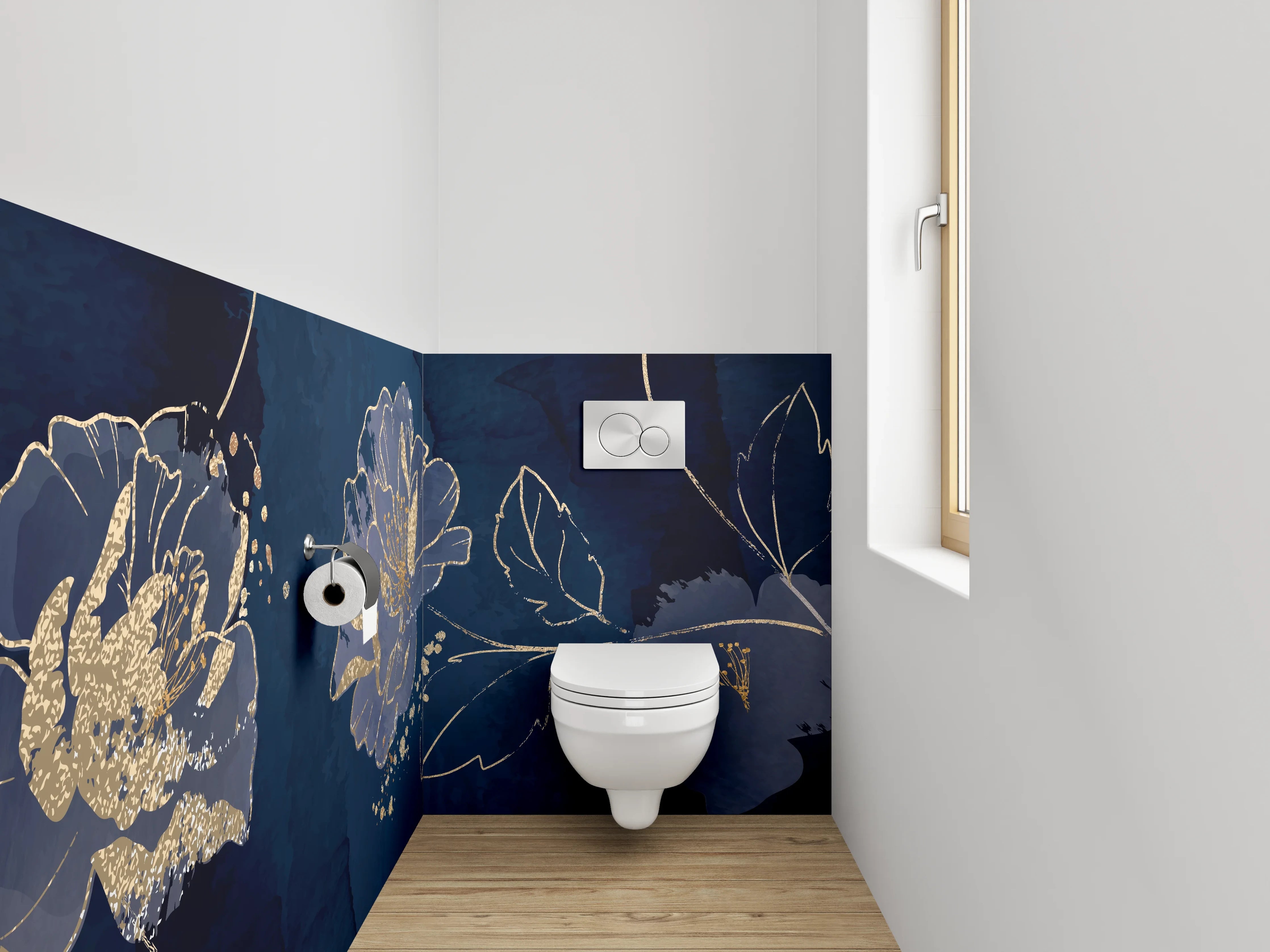 WC-Rückwand - Blaue Blumen mit Goldakzenten