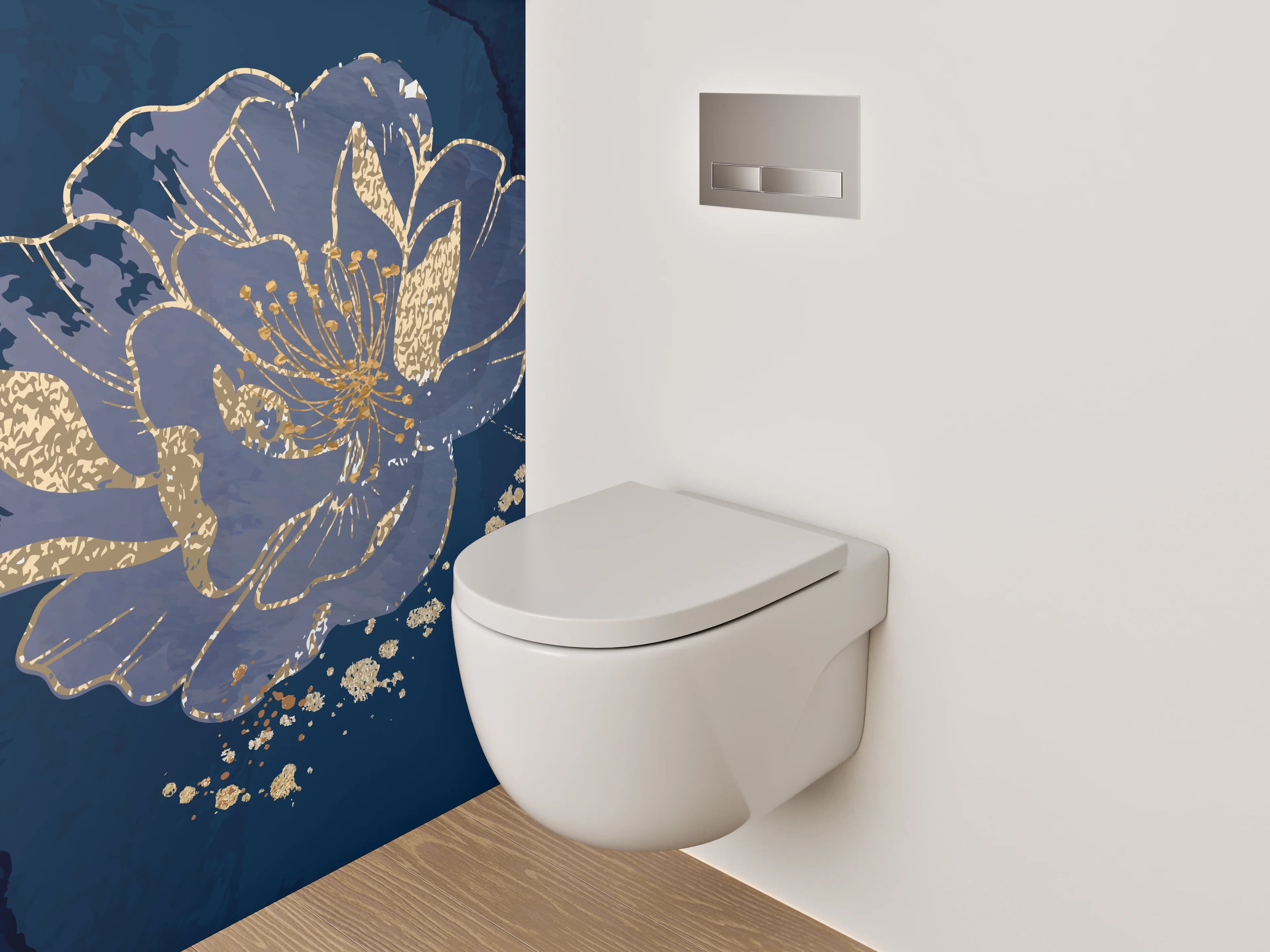 WC-Rückwand - Blaue Blumen mit Goldakzenten