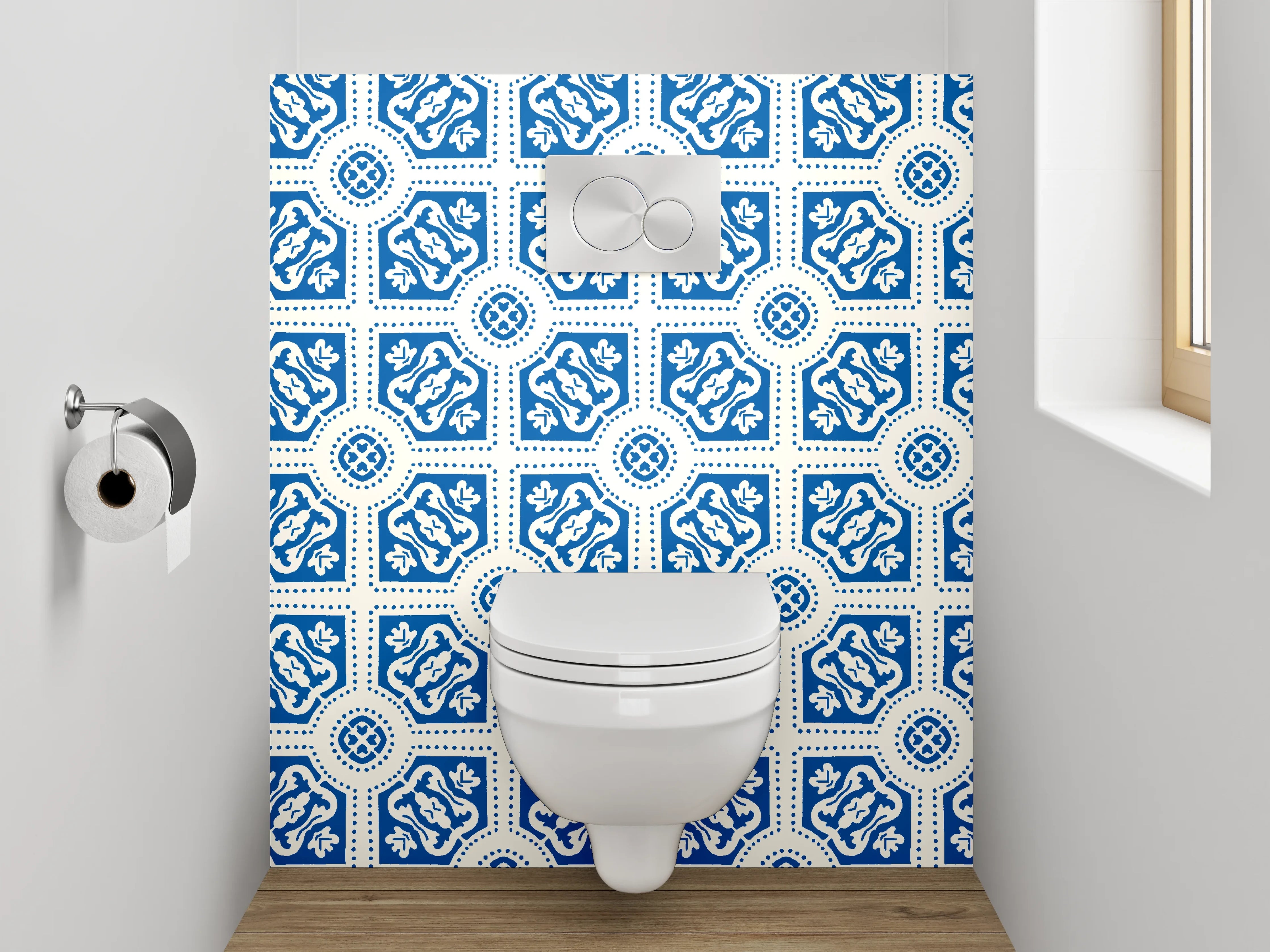 WC-Rückwand - Blaue Fliesenmuster mit detailreicher Gestaltung