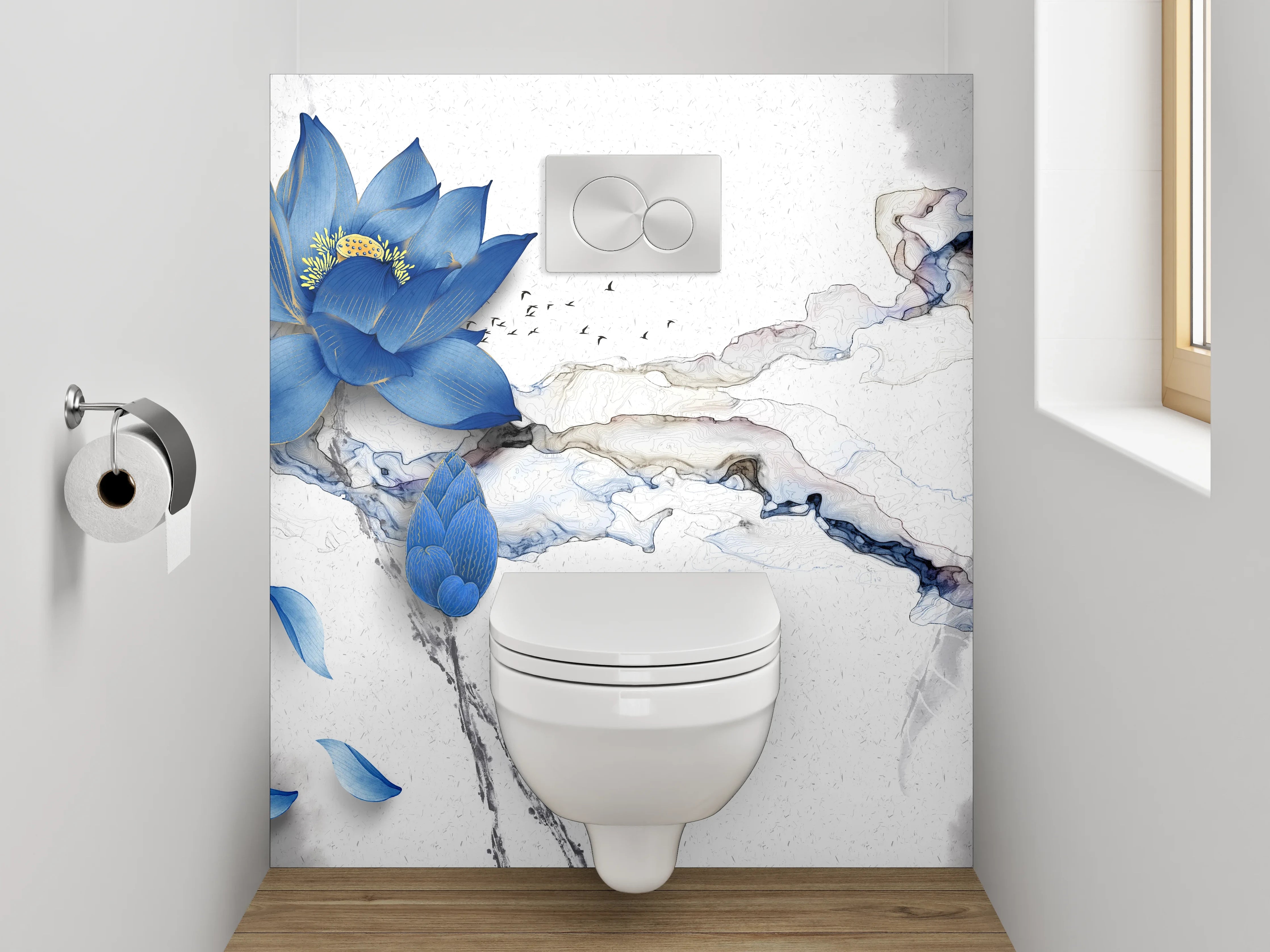 WC-Rückwand - Blaue Lotusblume auf Marmor-Optik