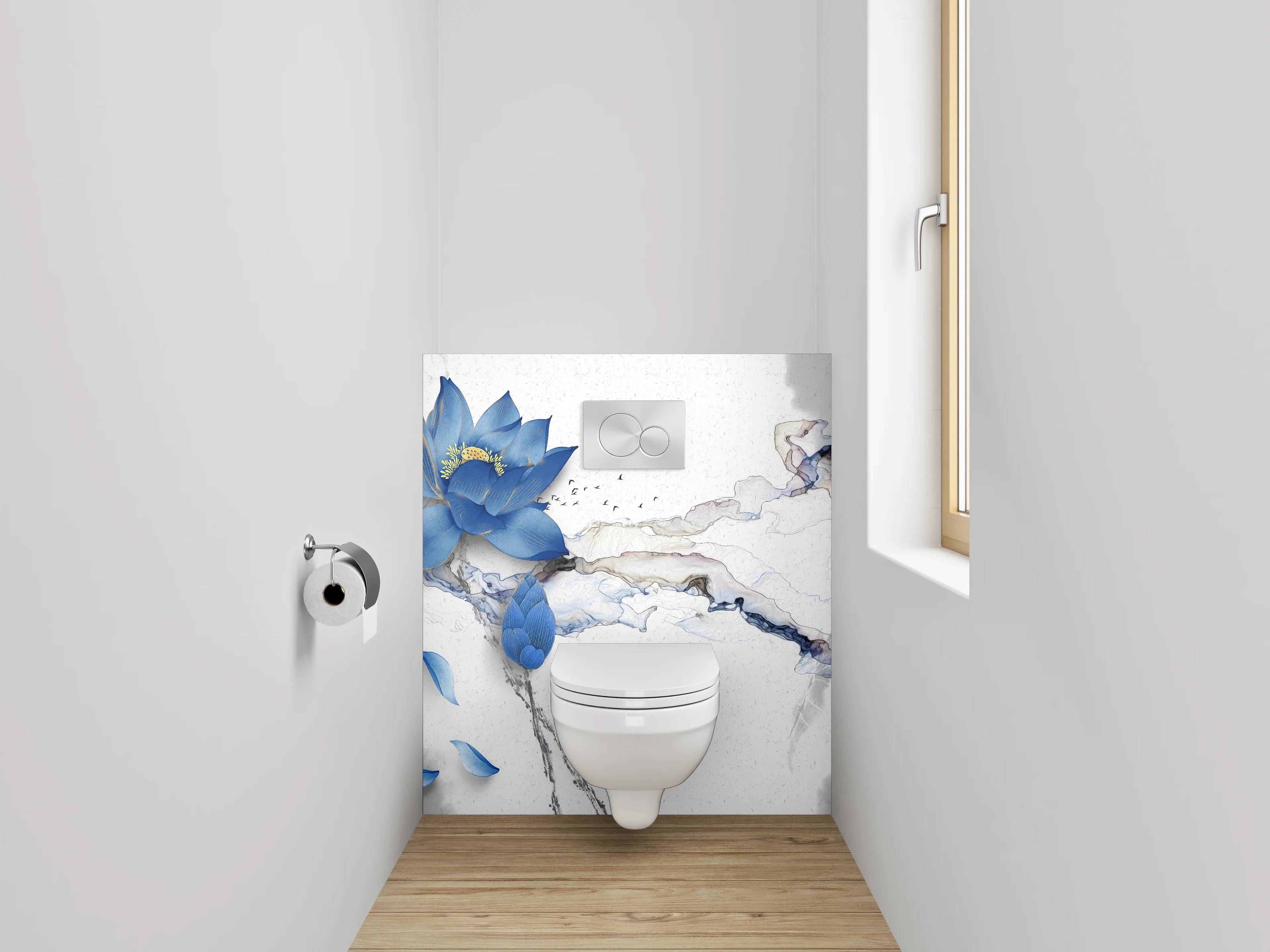 WC-Rückwand - Blaue Lotusblume auf Marmor-Optik
