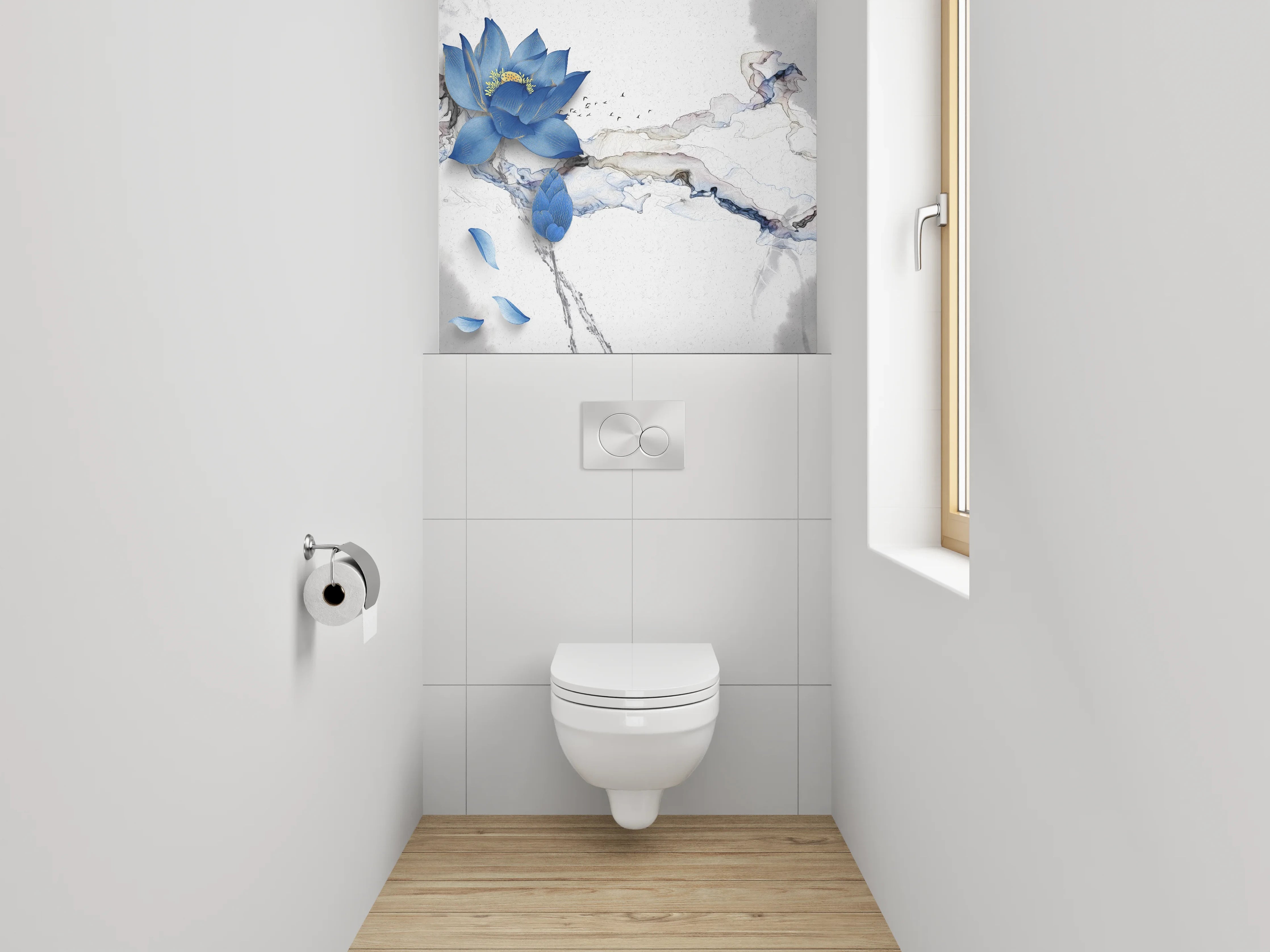 WC-Rückwand - Blaue Lotusblume auf Marmor-Optik