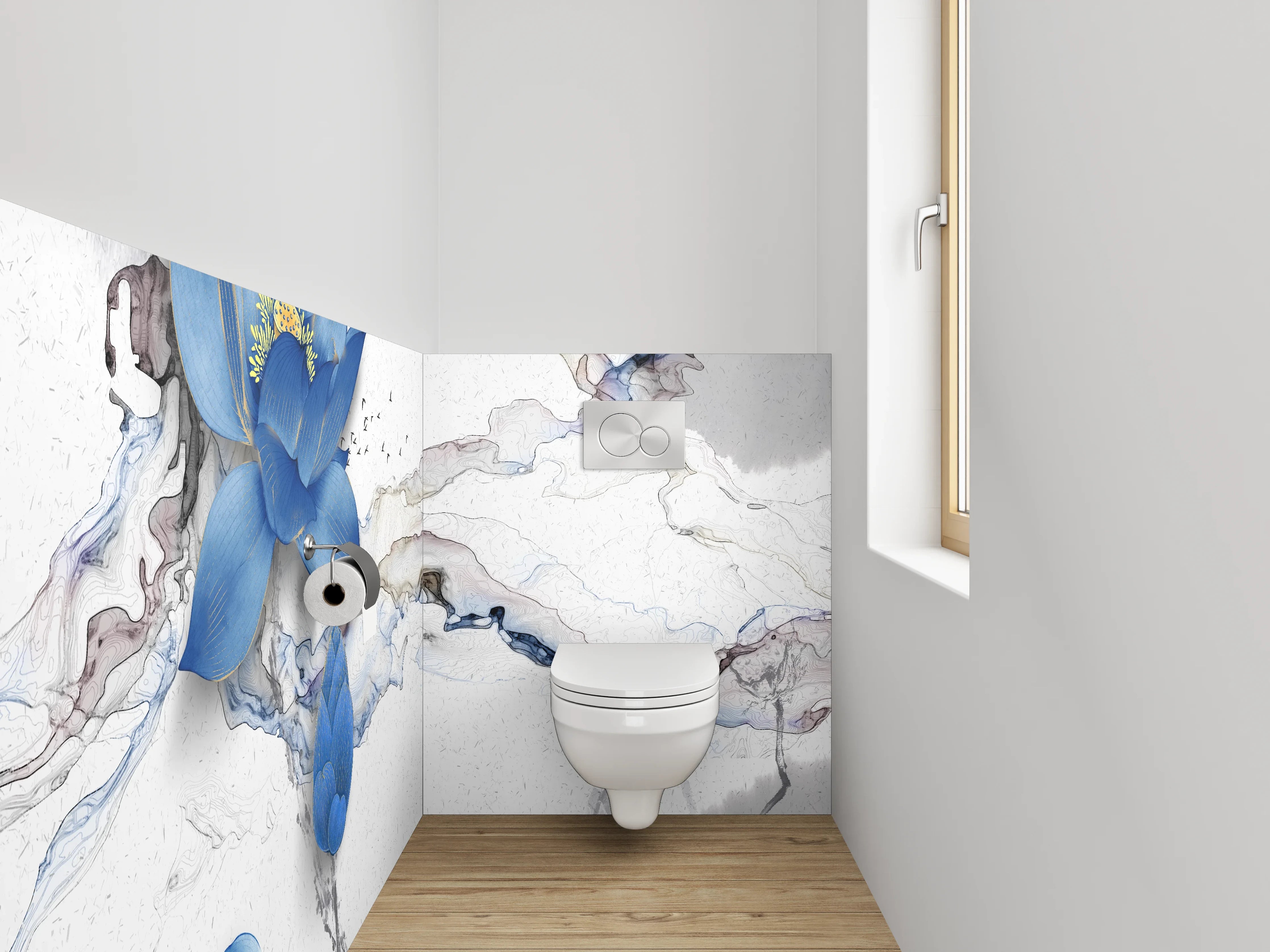 WC-Rückwand - Blaue Lotusblume auf Marmor-Optik
