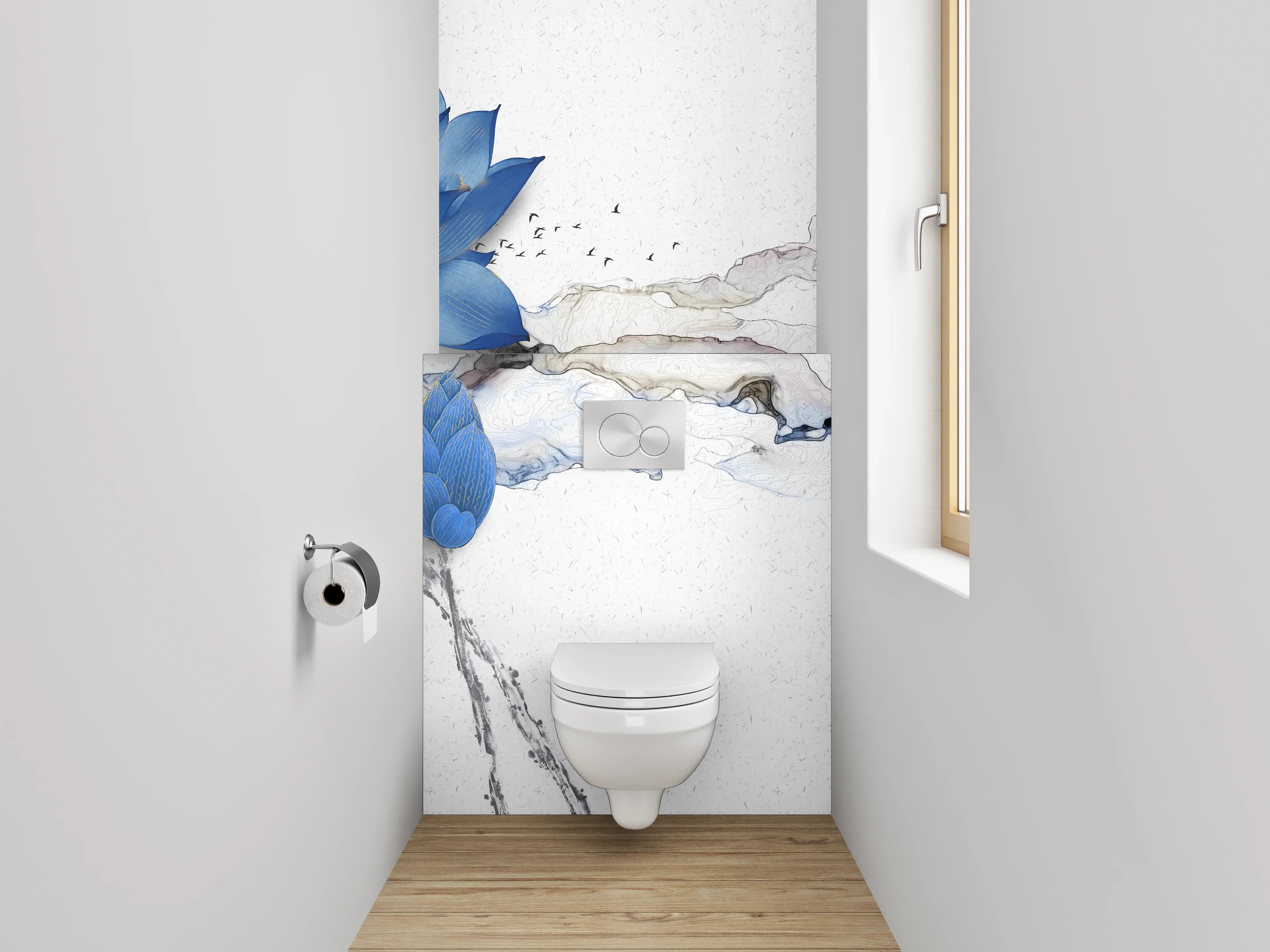 WC-Rückwand - Blaue Lotusblume auf Marmor-Optik