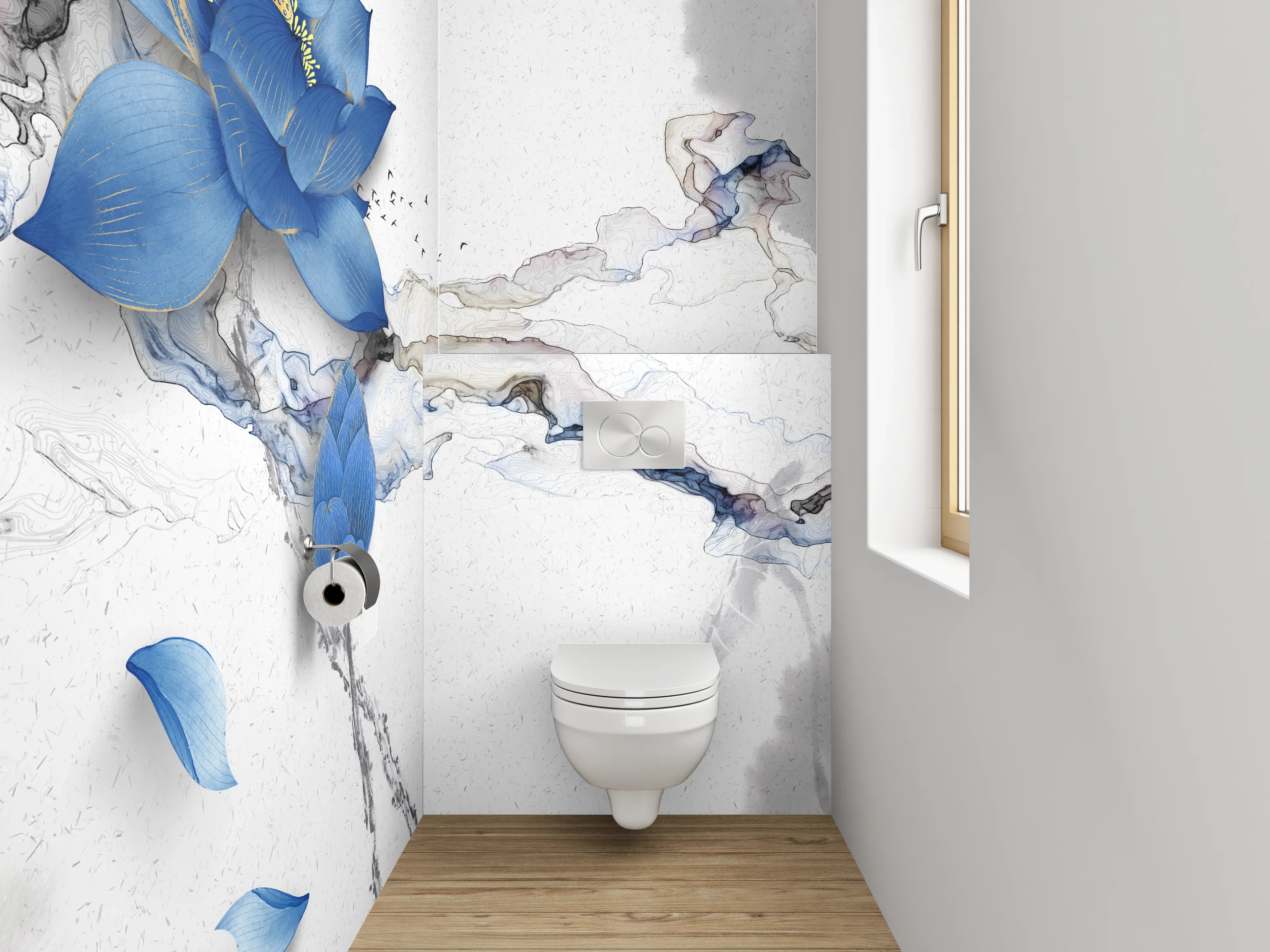 WC-Rückwand - Blaue Lotusblume auf Marmor-Optik
