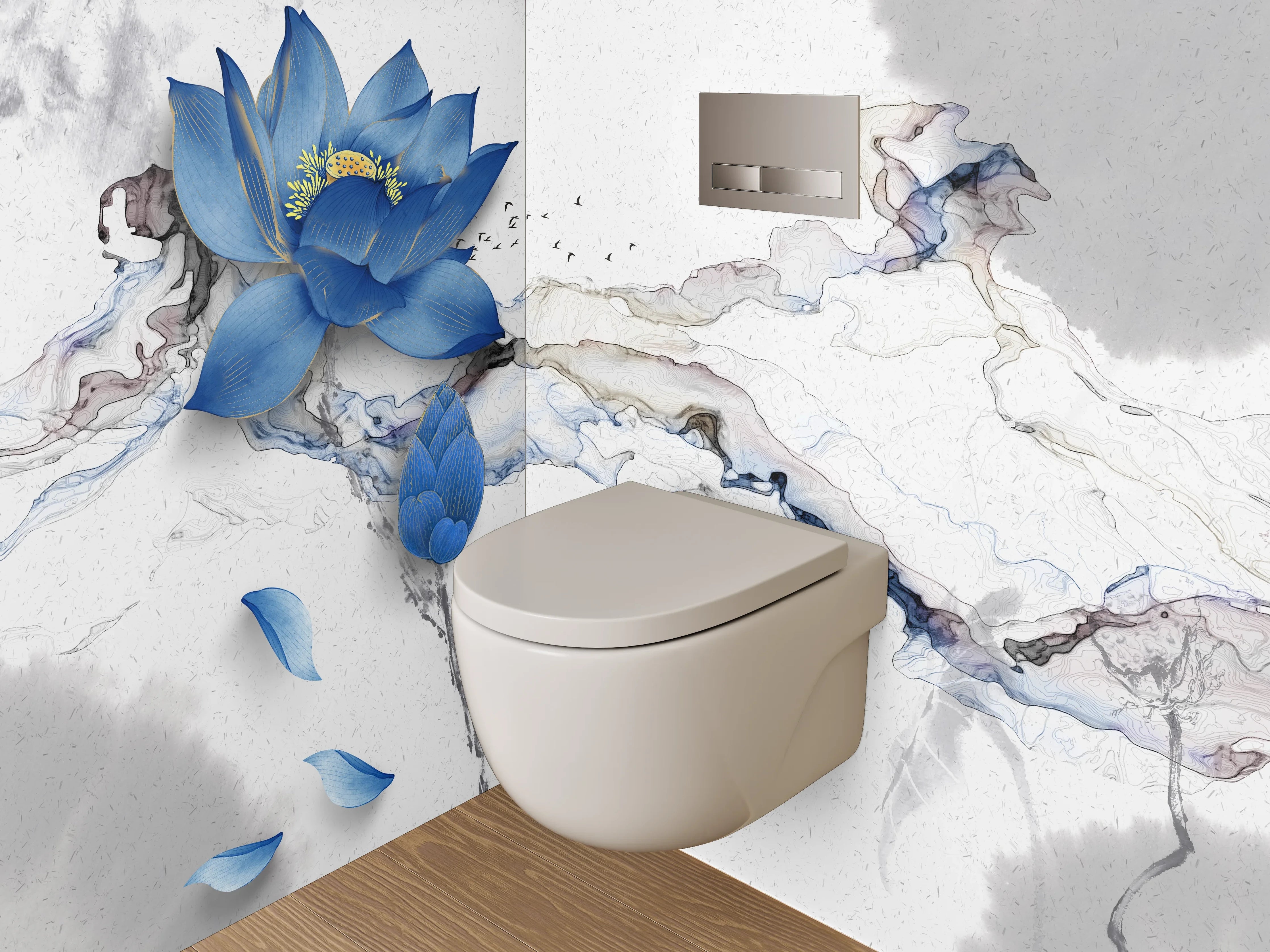 WC-Rückwand - Blaue Lotusblume auf Marmor-Optik