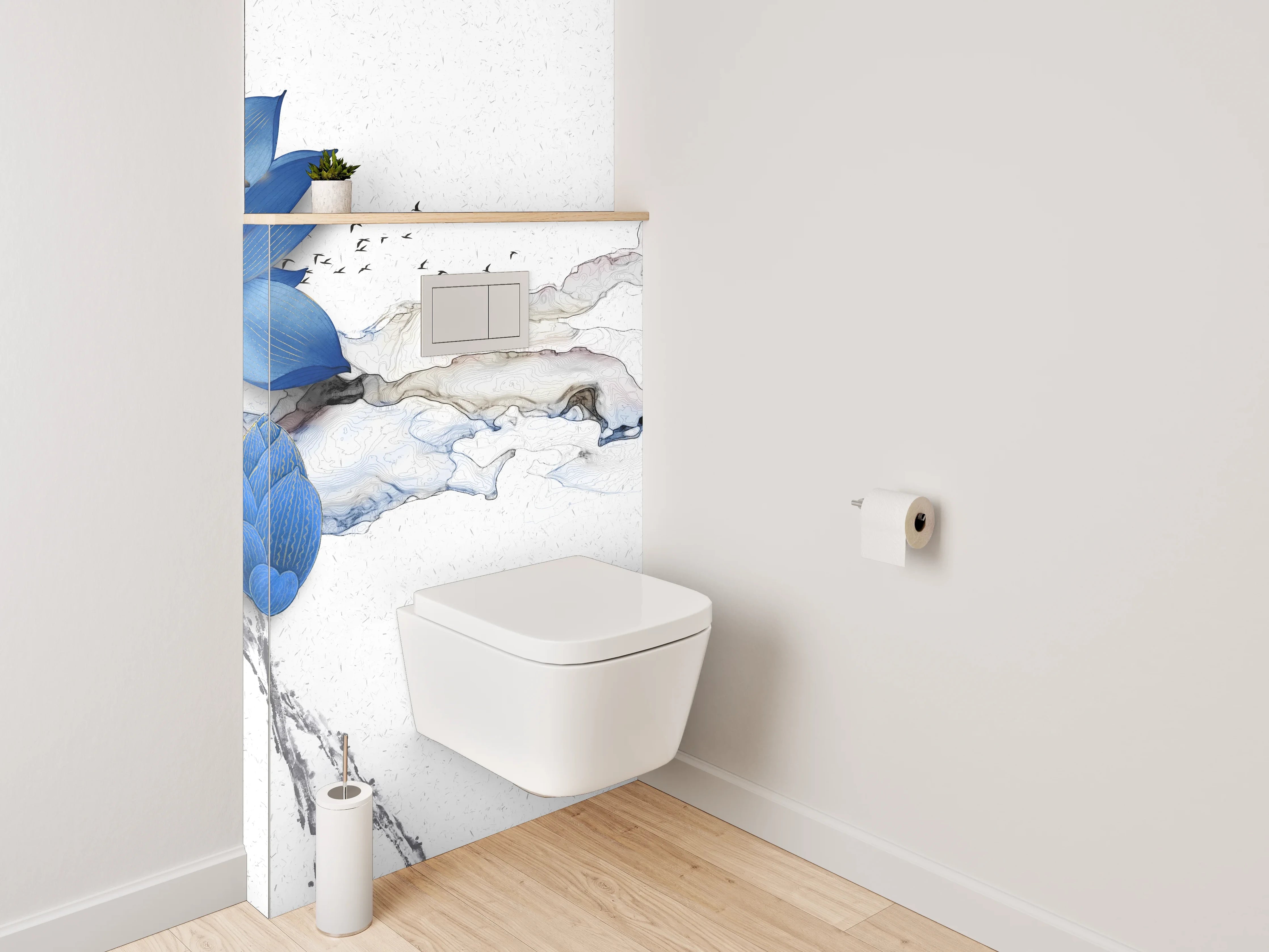 WC-Rückwand - Blaue Lotusblume auf Marmor-Optik