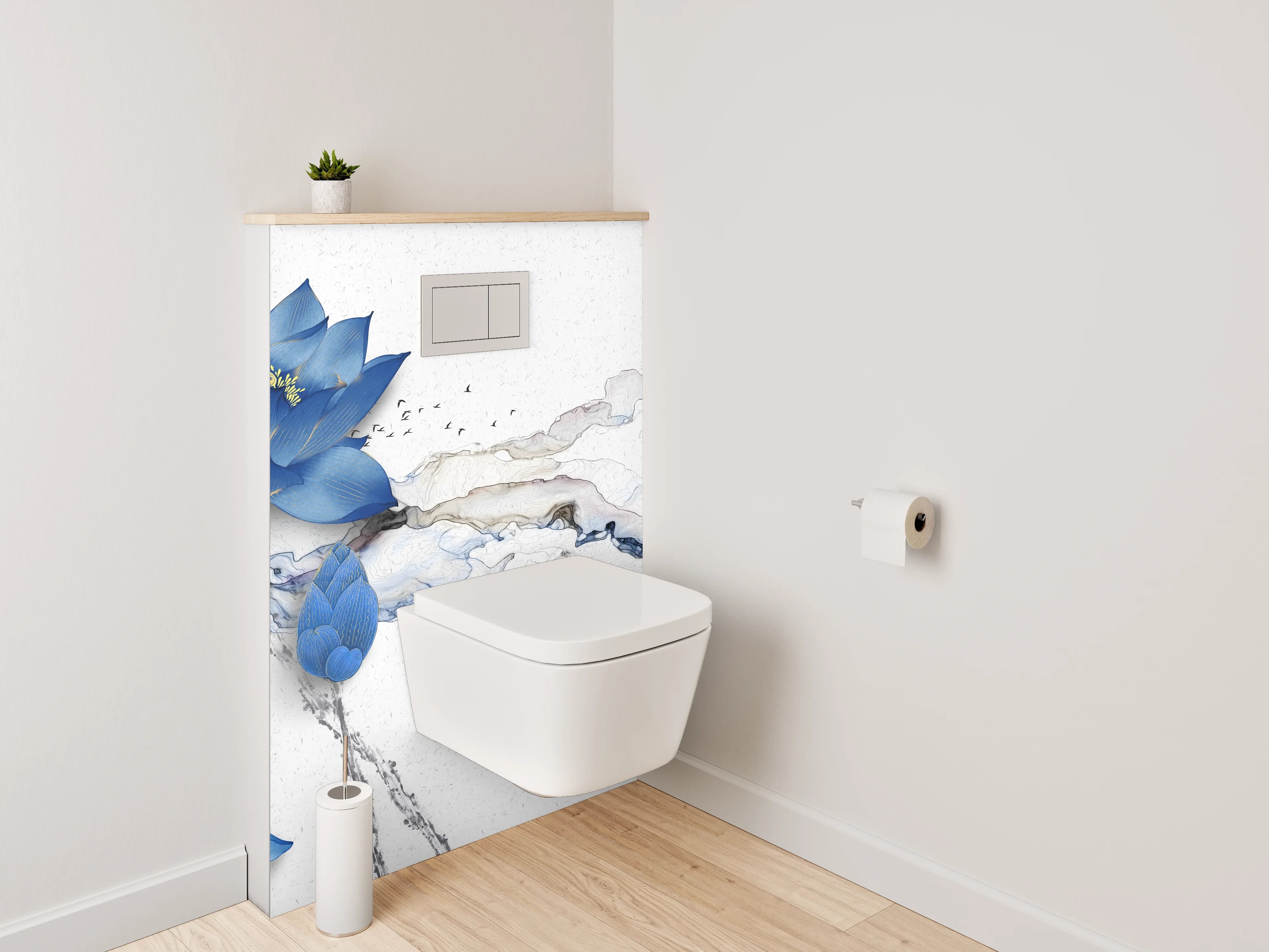 WC-Rückwand - Blaue Lotusblume auf Marmor-Optik