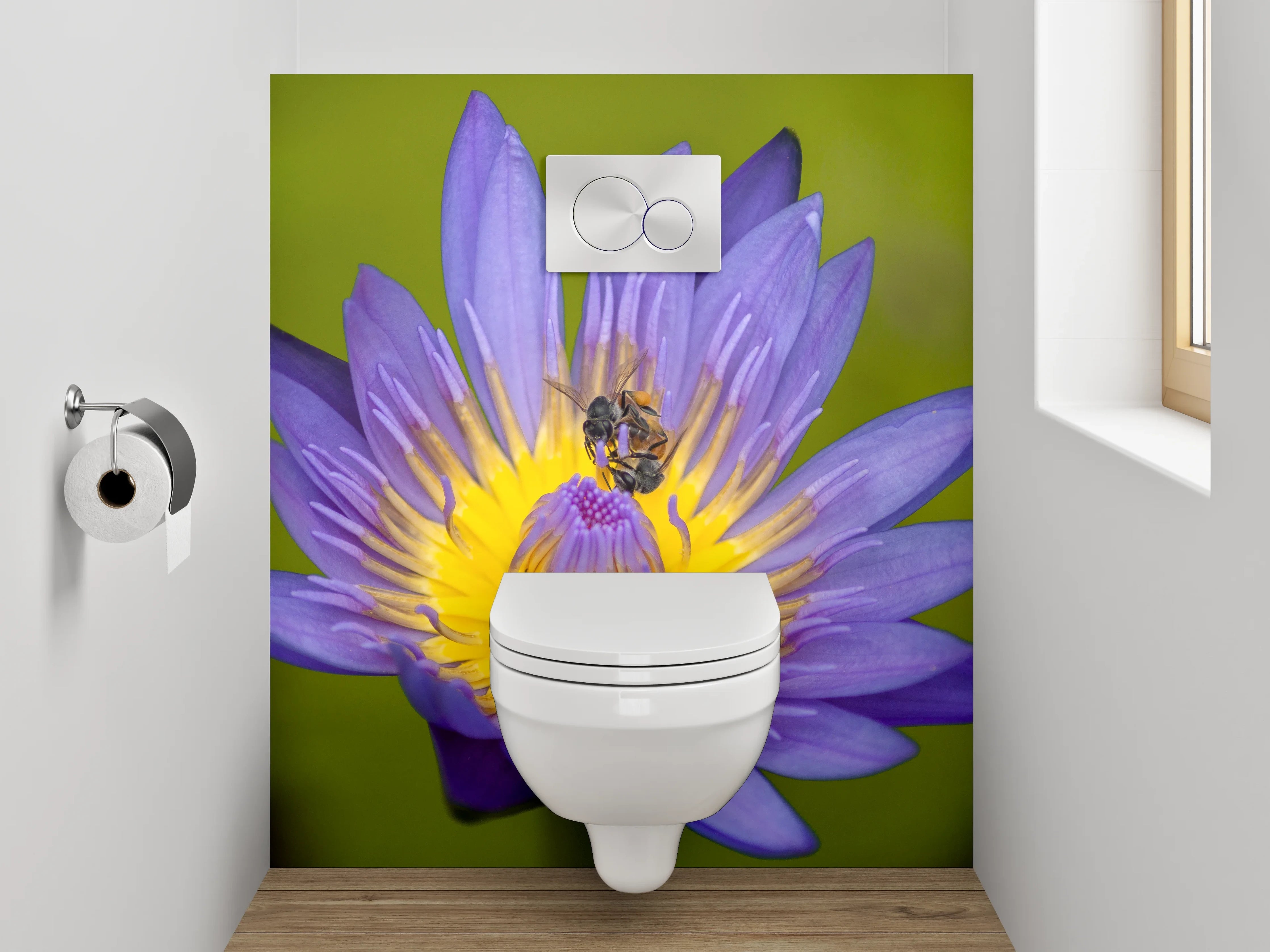 WC-Rückwand - Blaue Seerose mit Biene Fotokunst