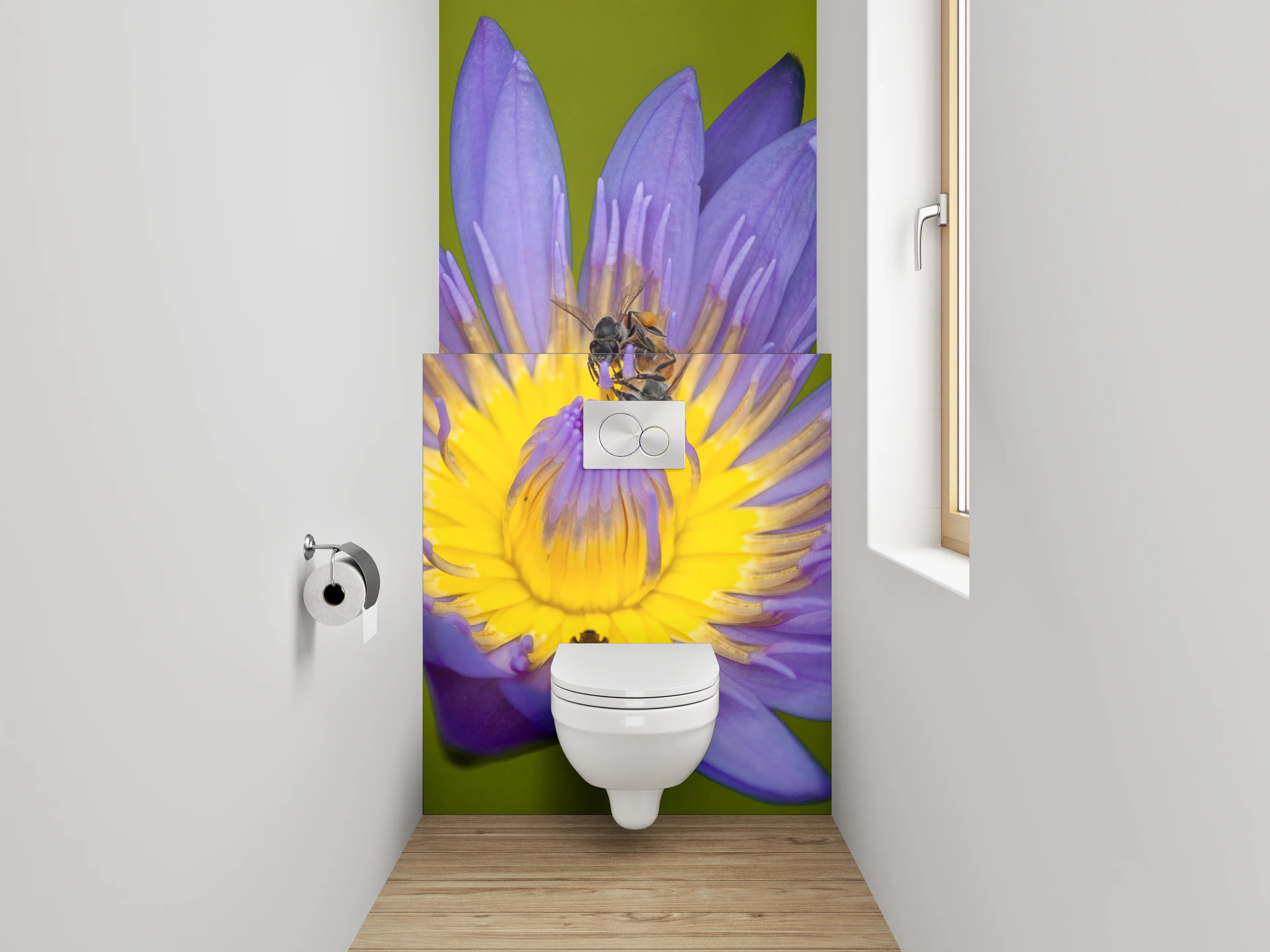 WC-Rückwand - Blaue Seerose mit Biene Fotokunst