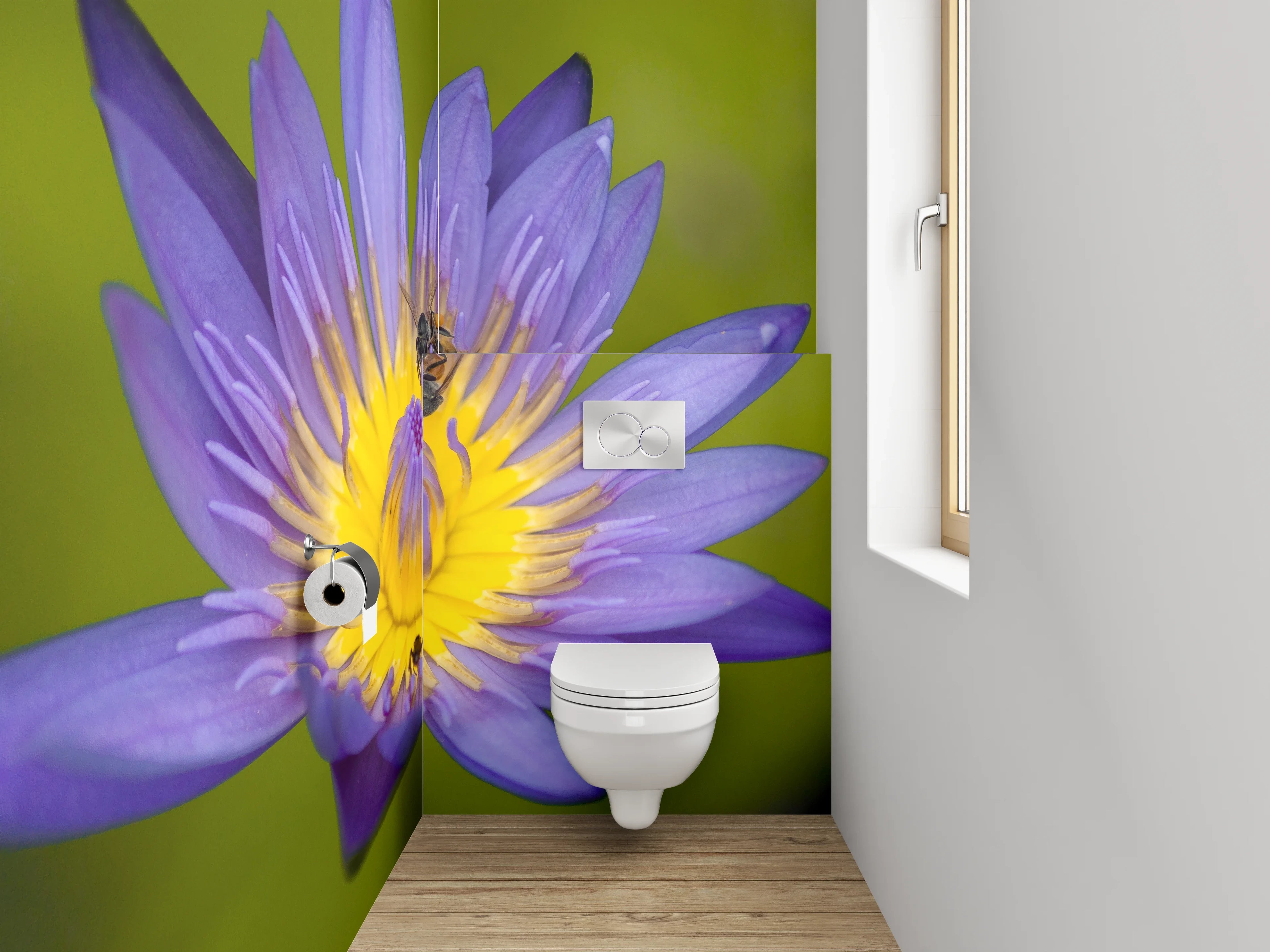 WC-Rückwand - Blaue Seerose mit Biene Fotokunst
