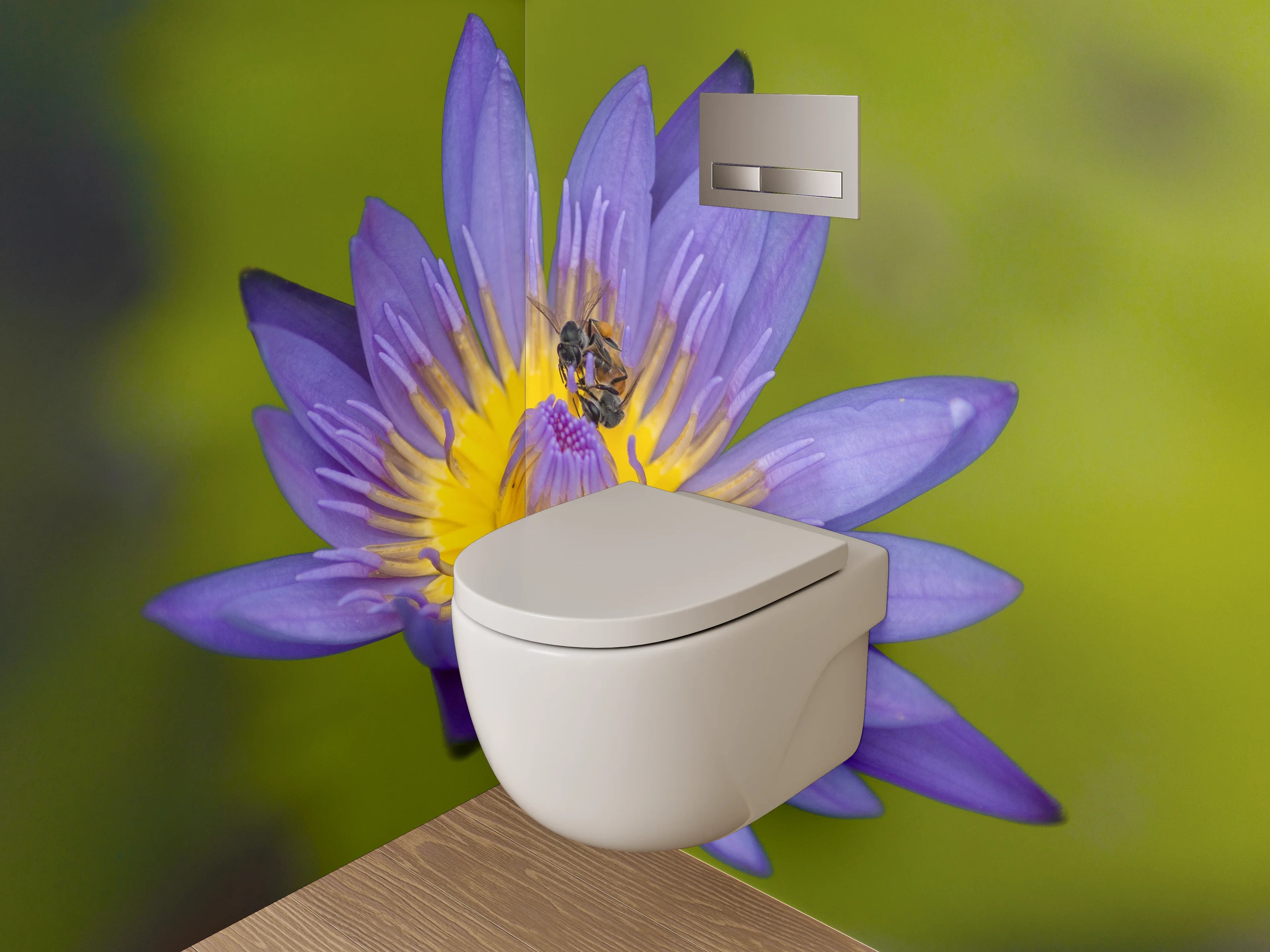 WC-Rückwand - Blaue Seerose mit Biene Fotokunst