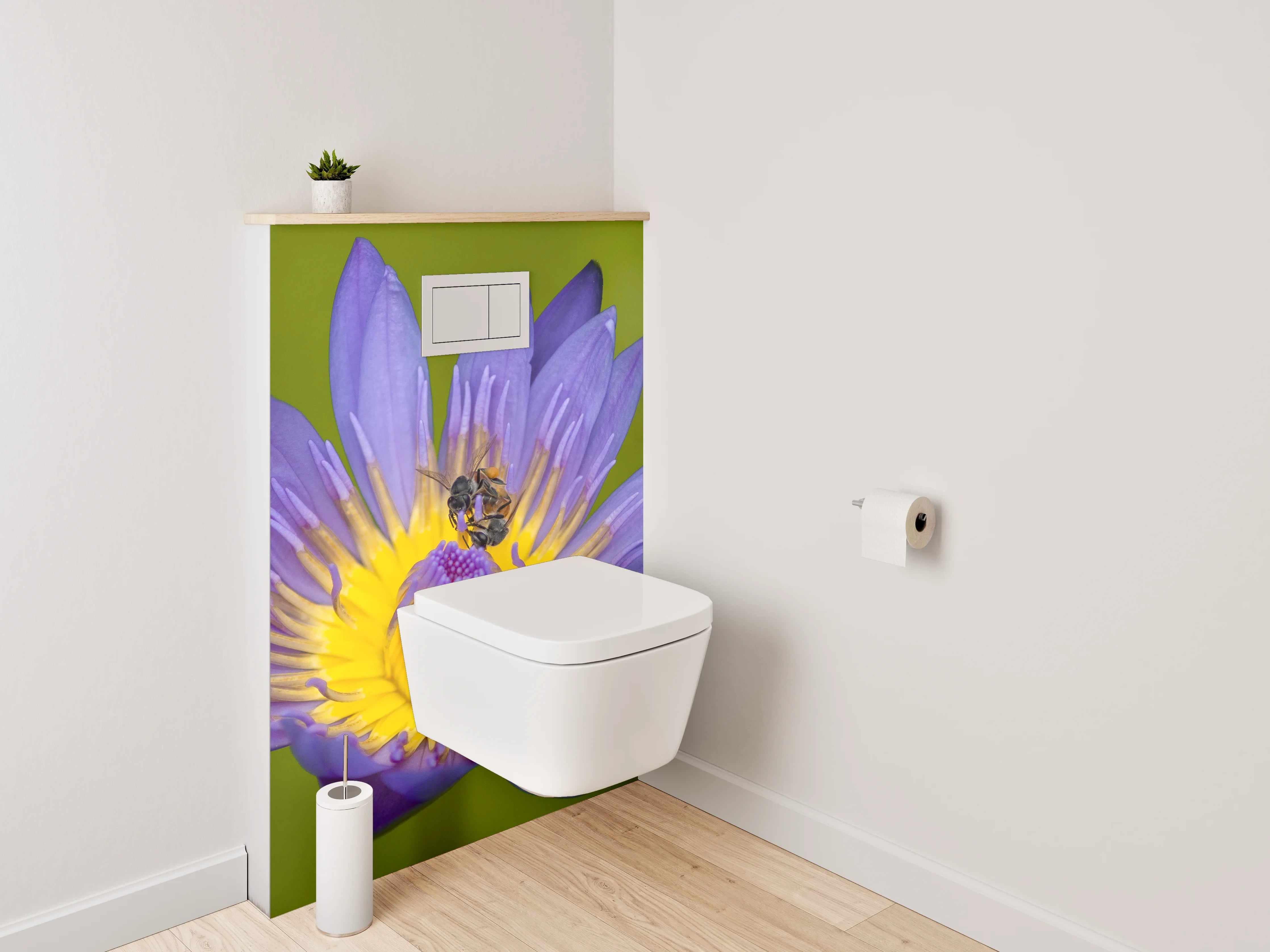 WC-Rückwand - Blaue Seerose mit Biene Fotokunst
