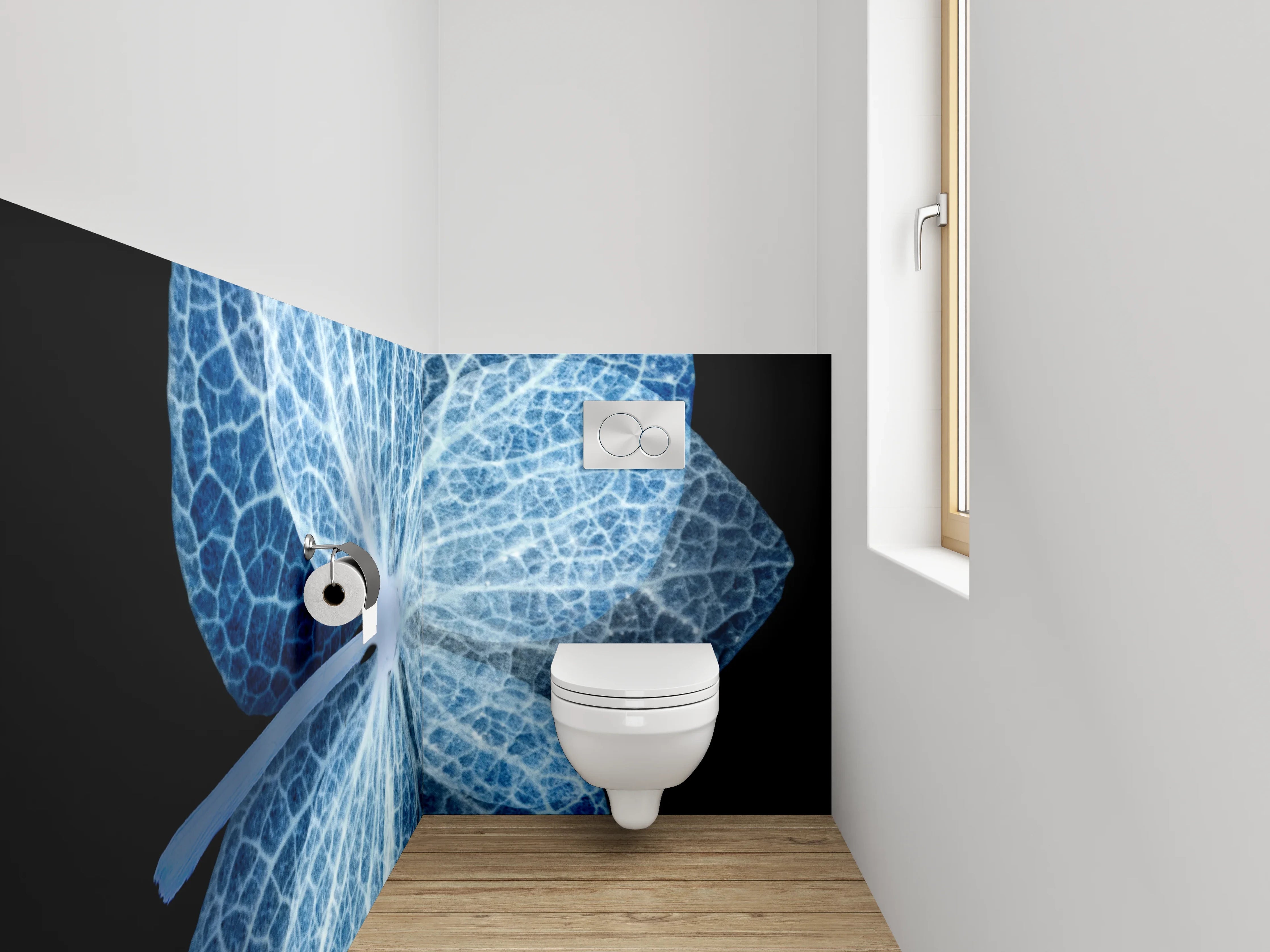 WC-Rückwand - Blaue Skelettblüte auf Schwarz
