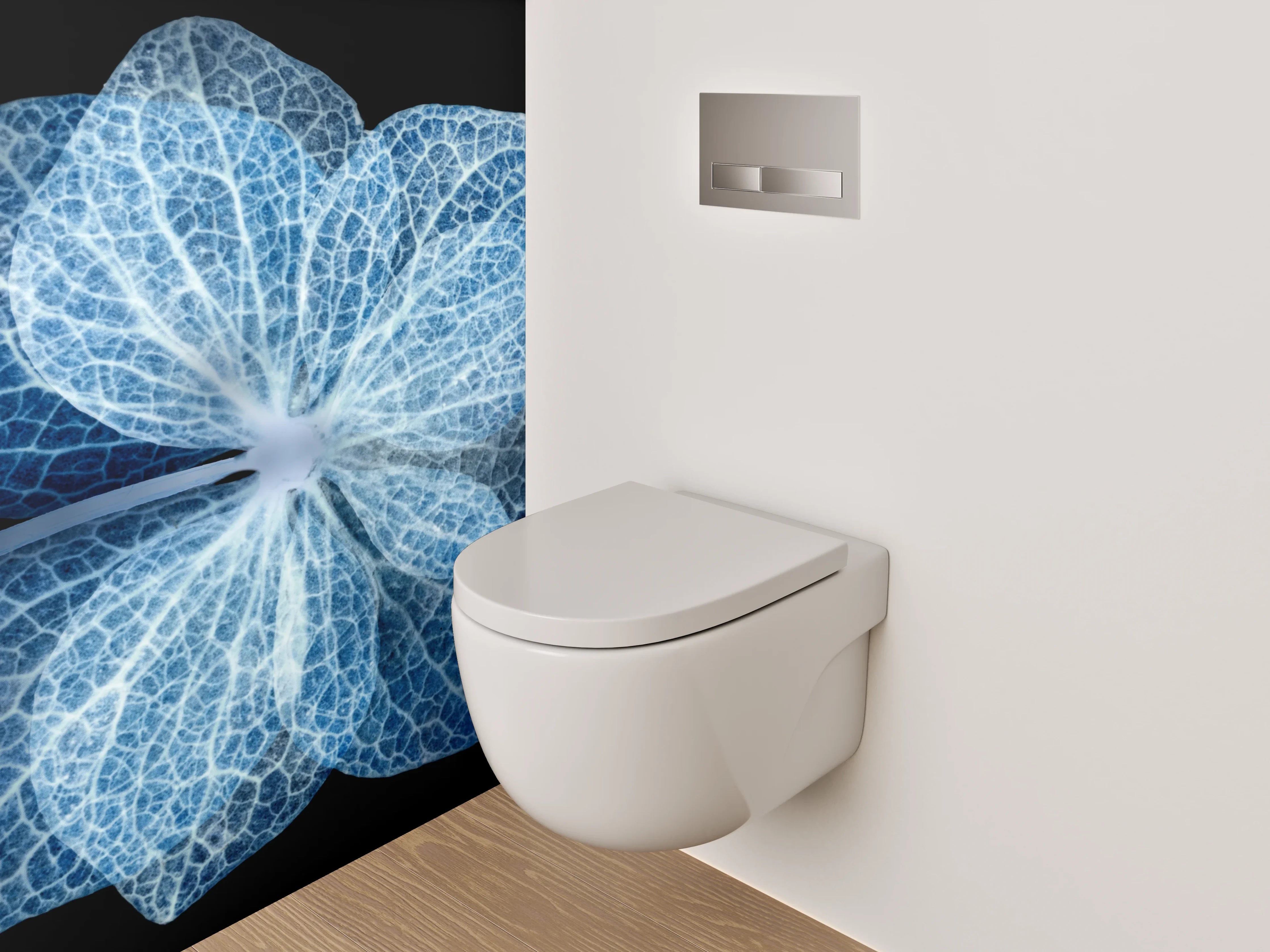 WC-Rückwand - Blaue Skelettblüte auf Schwarz