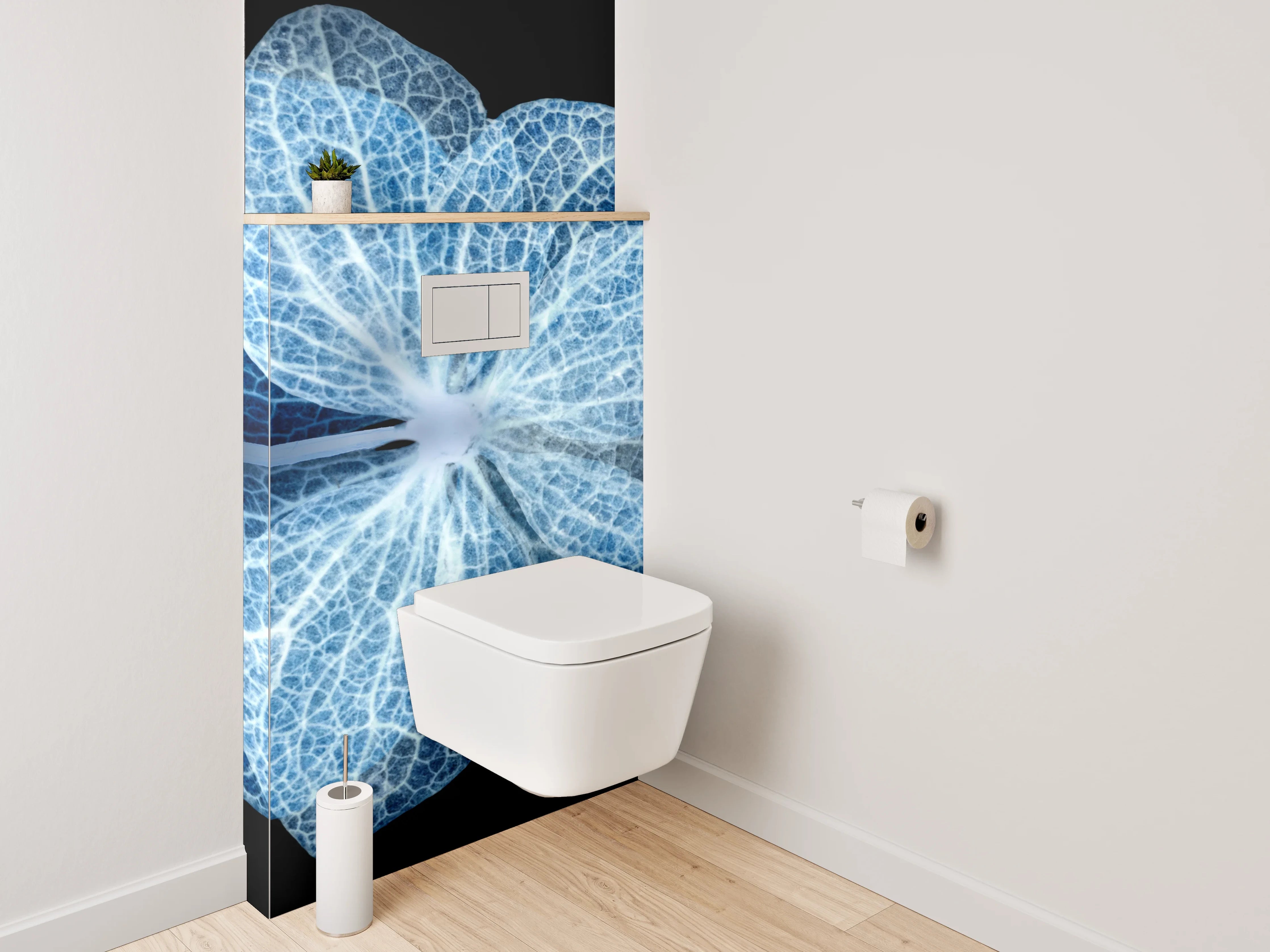 WC-Rückwand - Blaue Skelettblüte auf Schwarz